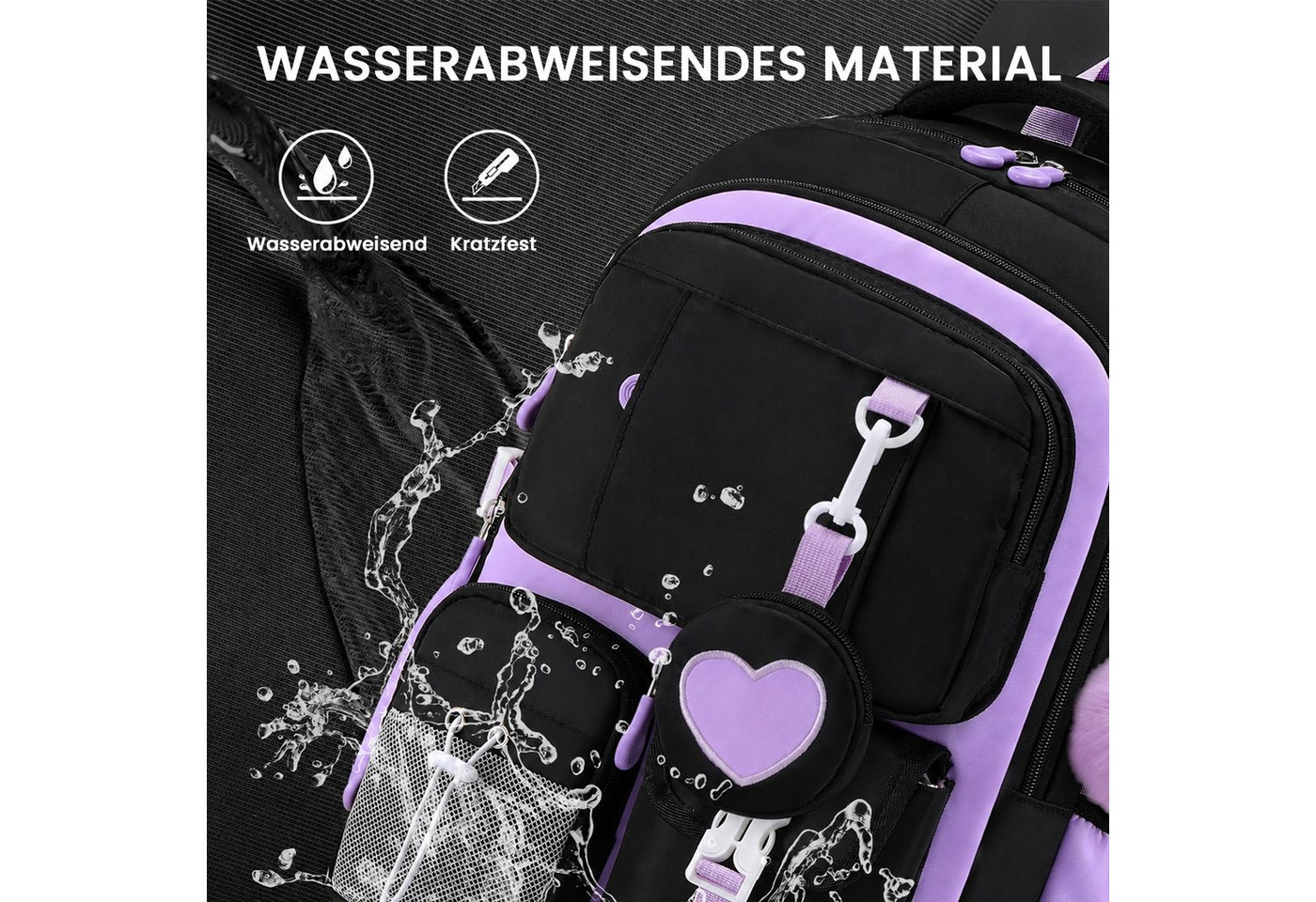 MOPUEA Schulrucksack Schultasche Mädchen Teenager Kawaii 23 L für 3.-7. Klasse (Schulrucksack-Set mit Lunch Tasche und Federmäppchen, 4-tlg., Mit Schulrucksack Lunch Tasche Federmäppchen und Geldbörse), Leicht Wasserabweisend Großes Fassungsvermögen Ergonomisch Bild 2