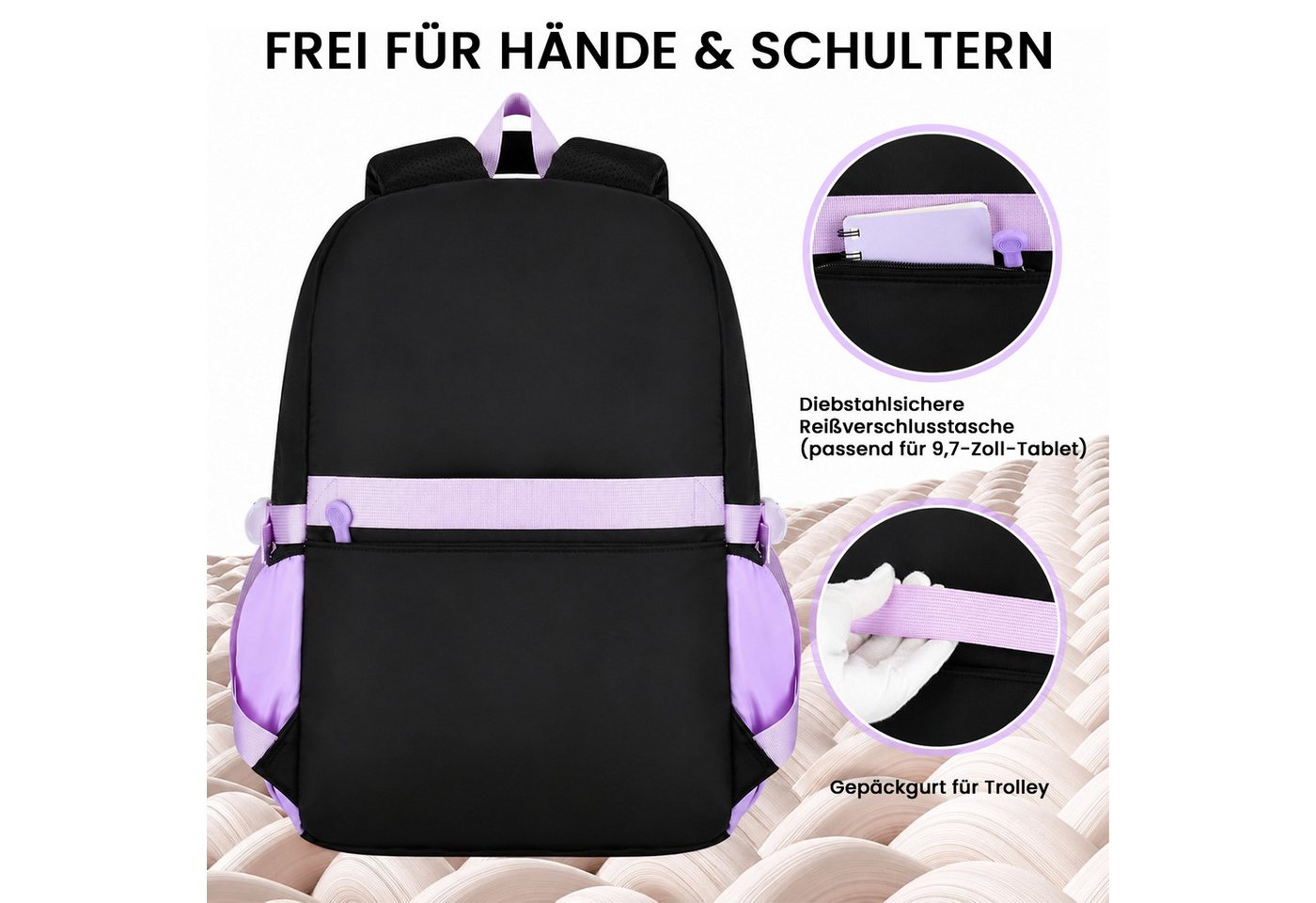 MOPUEA Schulrucksack Schultasche Mädchen Teenager Kawaii 23 L für 3.-7. Klasse (Schulrucksack-Set mit Lunch Tasche und Federmäppchen, 4-tlg., Mit Schulrucksack Lunch Tasche Federmäppchen und Geldbörse), Leicht Wasserabweisend Großes Fassungsvermögen Ergonomisch Bild 3