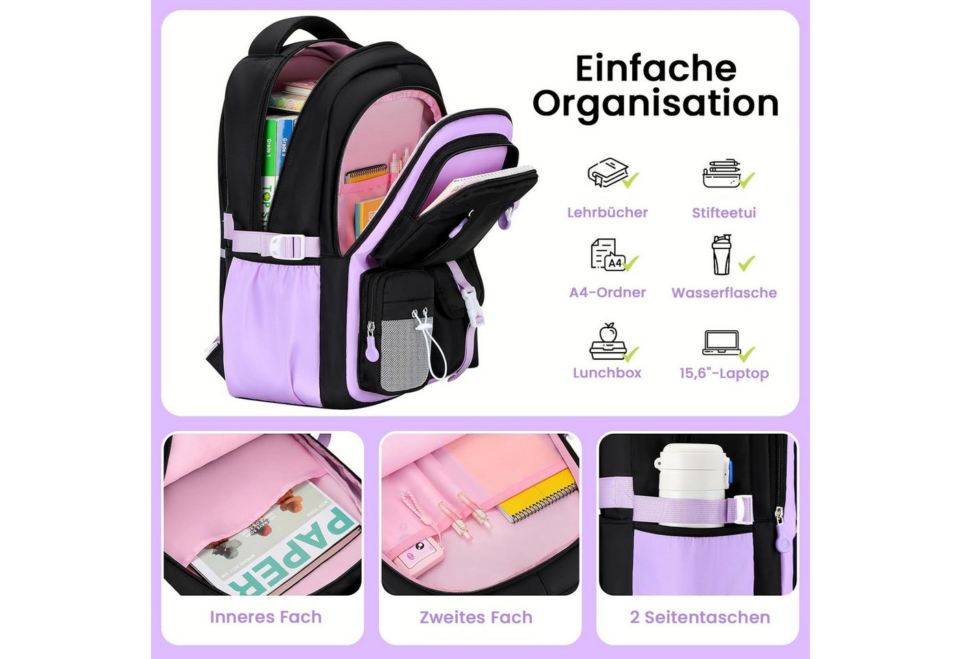 MOPUEA Schulrucksack Schultasche Mädchen Teenager Kawaii 23 L für 3.-7. Klasse (Schulrucksack-Set mit Lunch Tasche und Federmäppchen, 4-tlg., Mit Schulrucksack Lunch Tasche Federmäppchen und Geldbörse), Leicht Wasserabweisend Großes Fassungsvermögen Ergonomisch Bild 4