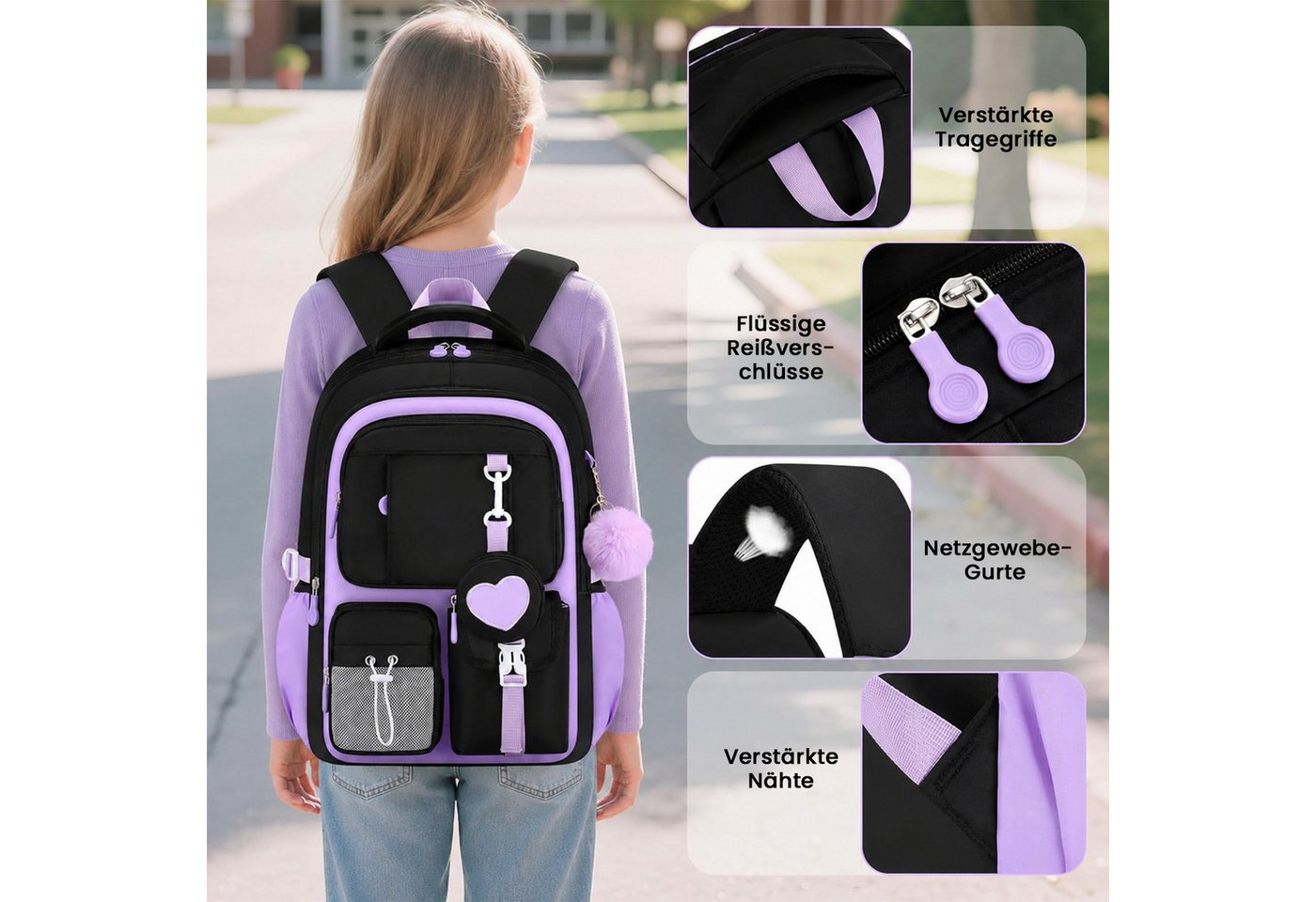 MOPUEA Schulrucksack Schultasche Mädchen Teenager Kawaii 23 L für 3.-7. Klasse (Schulrucksack-Set mit Lunch Tasche und Federmäppchen, 4-tlg., Mit Schulrucksack Lunch Tasche Federmäppchen und Geldbörse), Leicht Wasserabweisend Großes Fassungsvermögen Ergonomisch Bild 5