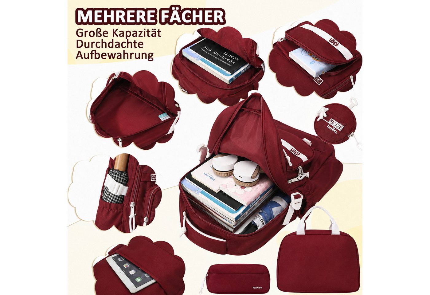 MOPUEA Schulrucksack Schulrucksack-Set Mädchen Teenager Wasserdichter Daypack (Leicht Wasserabweisend Großes Fassungsvermögen Ergonomisch, 3-tlg., Großem Hauptfach und Seitentaschen), mit Lunchbox und Federmäppchen für Schule Reisen und Alltag
