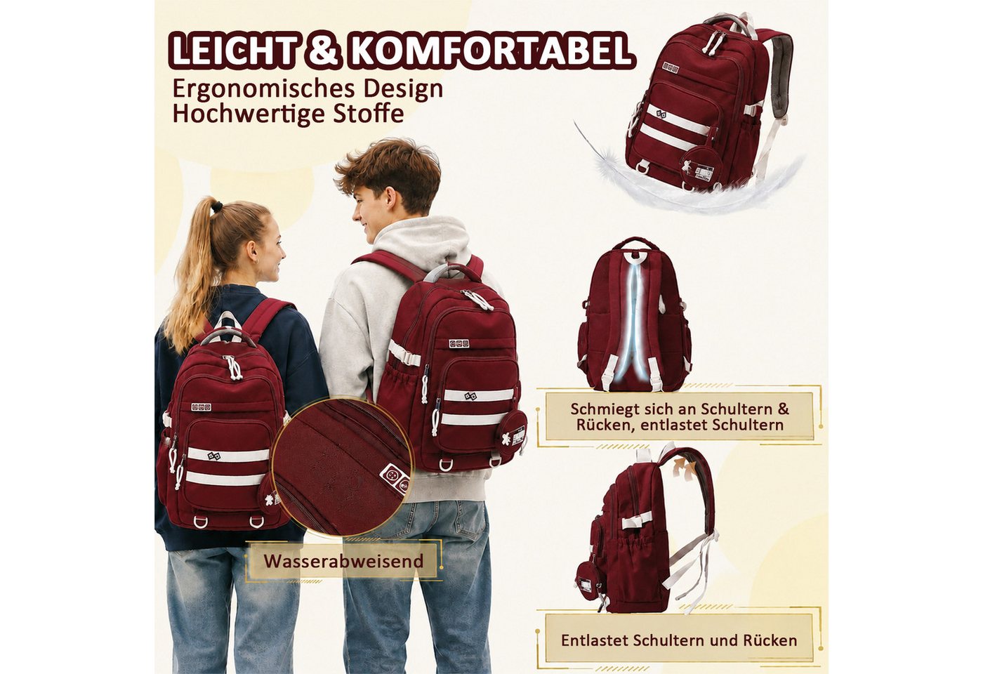 MOPUEA Schulrucksack Schulrucksack-Set Mädchen Teenager Wasserdichter Daypack (Leicht Wasserabweisend Großes Fassungsvermögen Ergonomisch, 3-tlg., Großem Hauptfach und Seitentaschen), mit Lunchbox und Federmäppchen für Schule Reisen und Alltag Bild 2