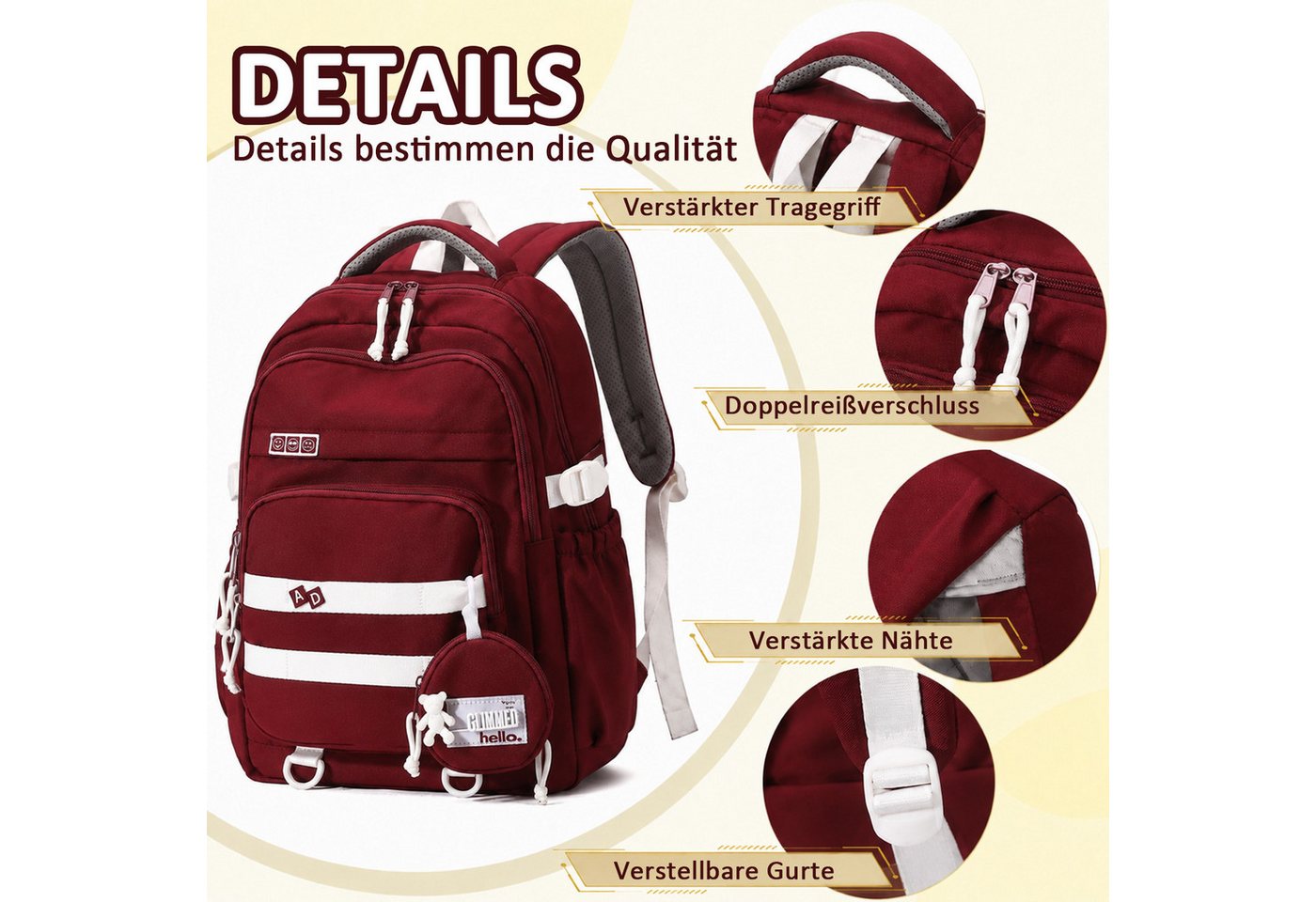 MOPUEA Schulrucksack Schulrucksack-Set Mädchen Teenager Wasserdichter Daypack (Leicht Wasserabweisend Großes Fassungsvermögen Ergonomisch, 3-tlg., Großem Hauptfach und Seitentaschen), mit Lunchbox und Federmäppchen für Schule Reisen und Alltag Bild 3