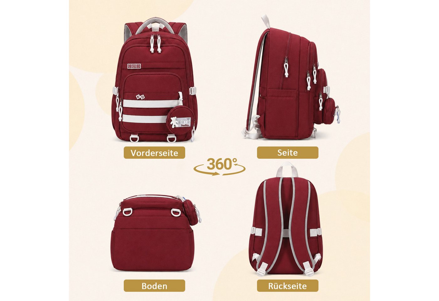 MOPUEA Schulrucksack Schulrucksack-Set Mädchen Teenager Wasserdichter Daypack (Leicht Wasserabweisend Großes Fassungsvermögen Ergonomisch, 3-tlg., Großem Hauptfach und Seitentaschen), mit Lunchbox und Federmäppchen für Schule Reisen und Alltag Bild 5