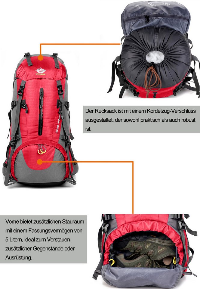 RAIKOU Wanderrucksack 50L Trekkingrucksack Wasserdicht, Reisetasche Ultralight (Regenhülle, Hüftgurt mit praktischen Taschen), Atmungsaktives Tragesystem