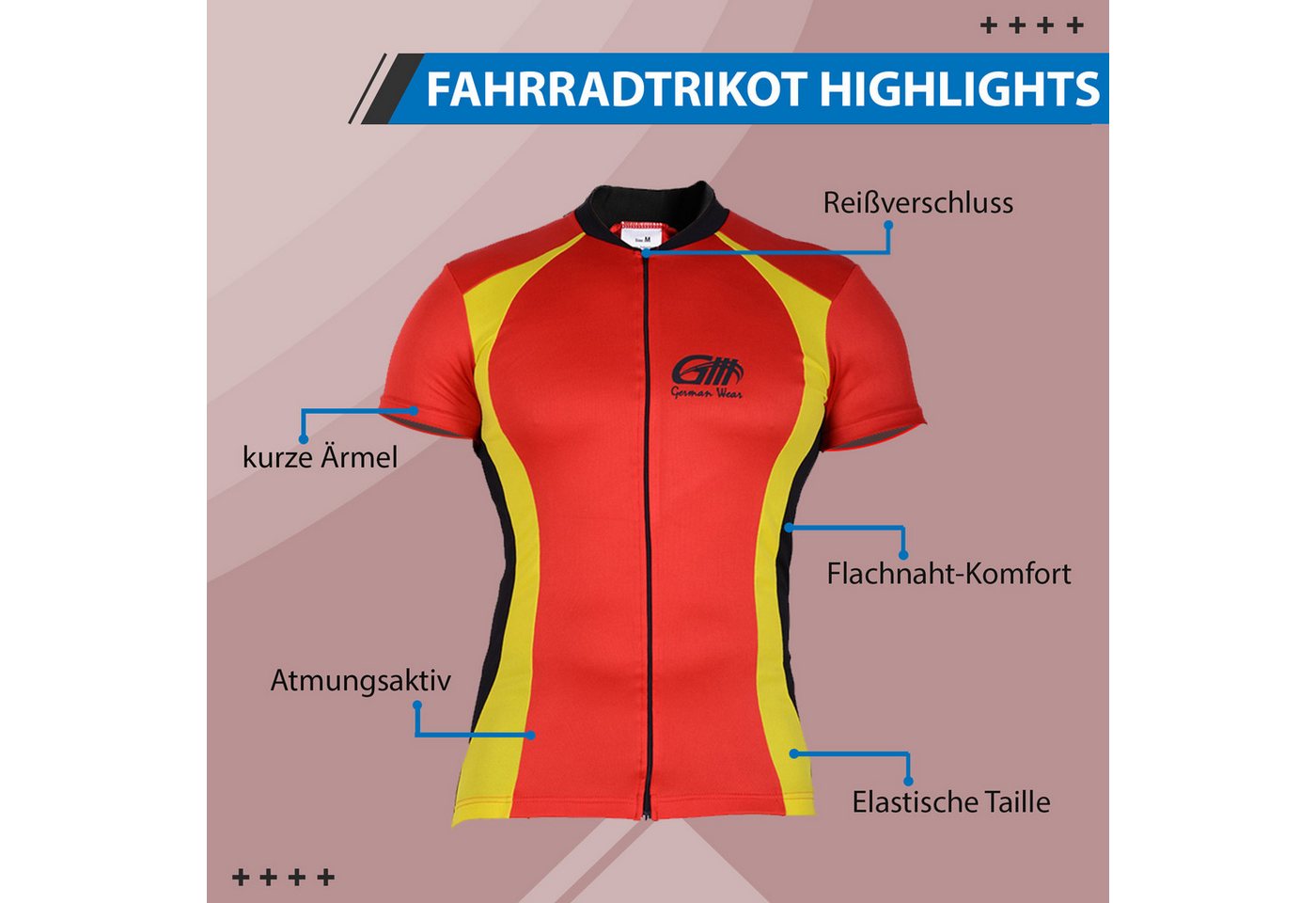 German Wear Radtrikot 295 Jersey Red/Yellow Herren Radler Jersey Rot/Neongelb