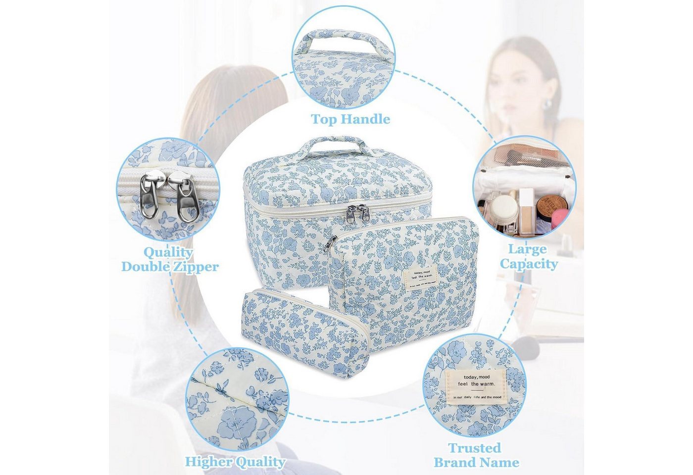 LuxusKollektion Kosmetiktasche 3-teiliges Reise Kosmetiktaschen Set Damen Blumenmuster Kawaii Mädchen Bild 2