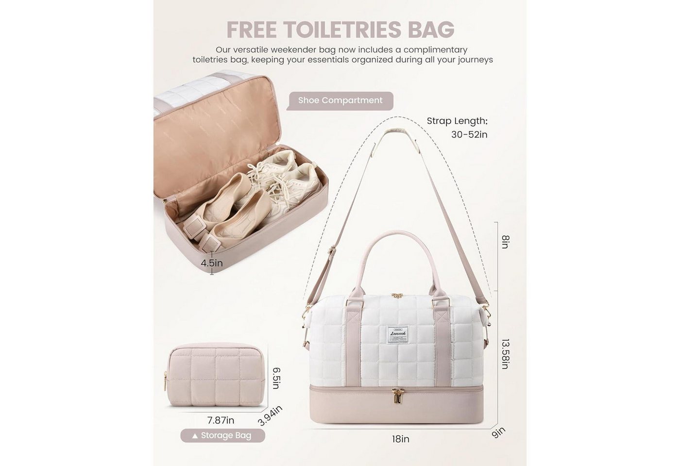 LuxusKollektion Weekender Reisetasche Damen Weekender Handgepäck Schuhfach M Beige+hellrosa Bild 2