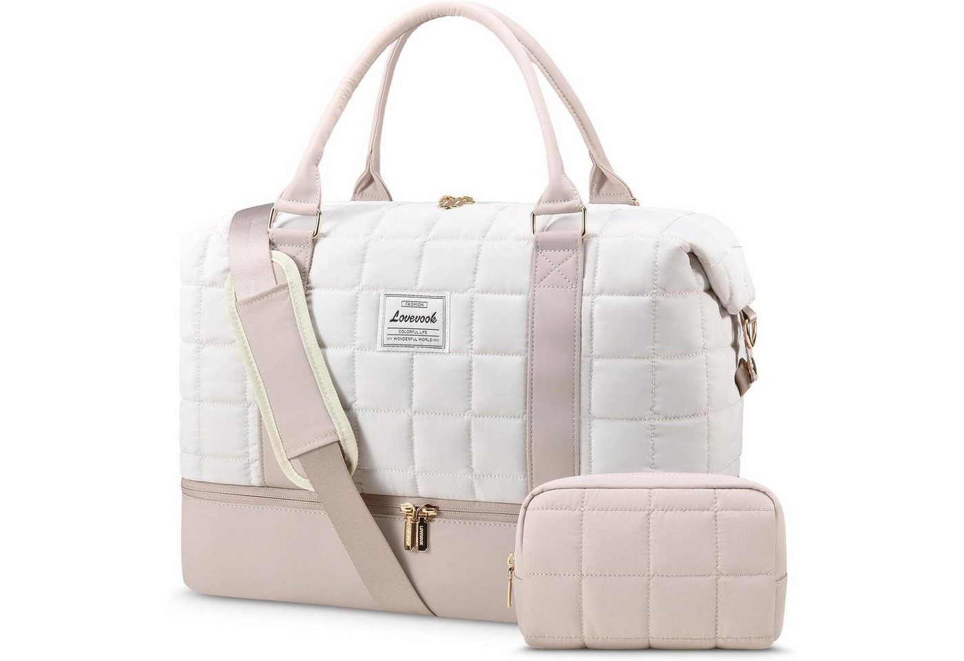 LuxusKollektion Weekender Reisetasche Damen Weekender Handgepäck Schuhfach M Beige+hellrosa Bild 4