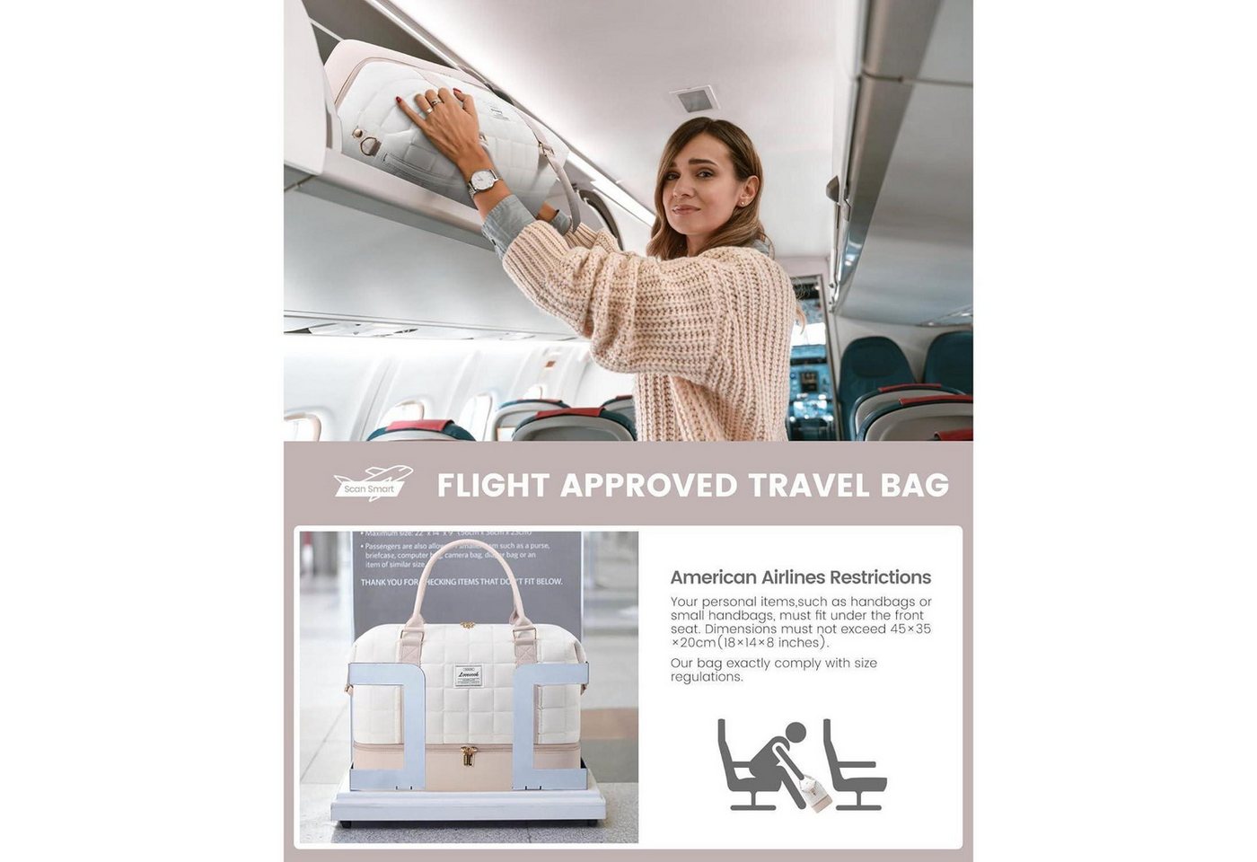 LuxusKollektion Weekender Reisetasche Damen Weekender Handgepäck Schuhfach M Beige+hellrosa Bild 5