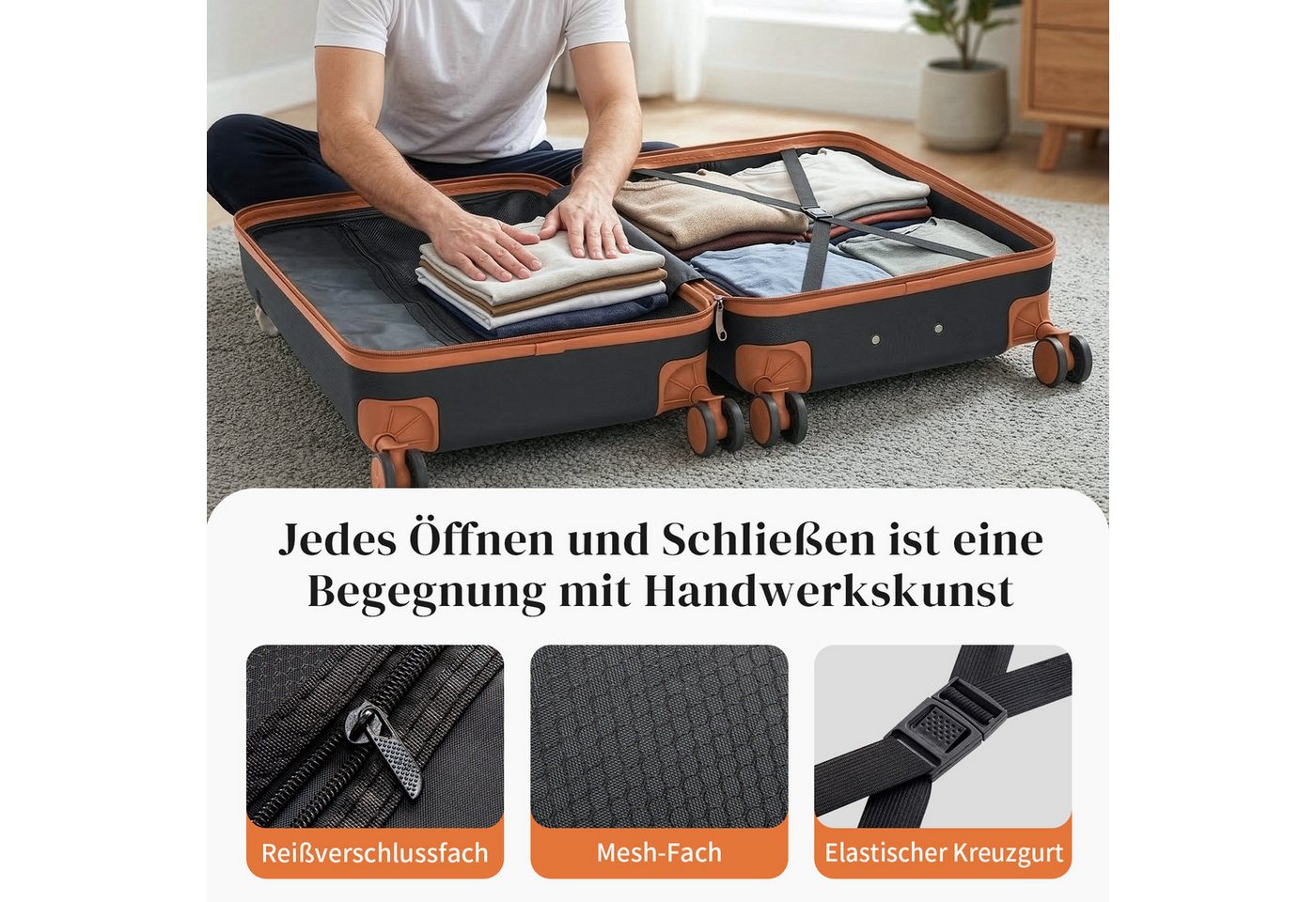 LALAHO Trolleyset Kofferset Hartschalenkoffer Trolley 360° Rollen, 4 Rollen, (4 tlg), Reisekoffer Set mit Handgepäck, Koffer & Trolleys, Schwarz Bild 5