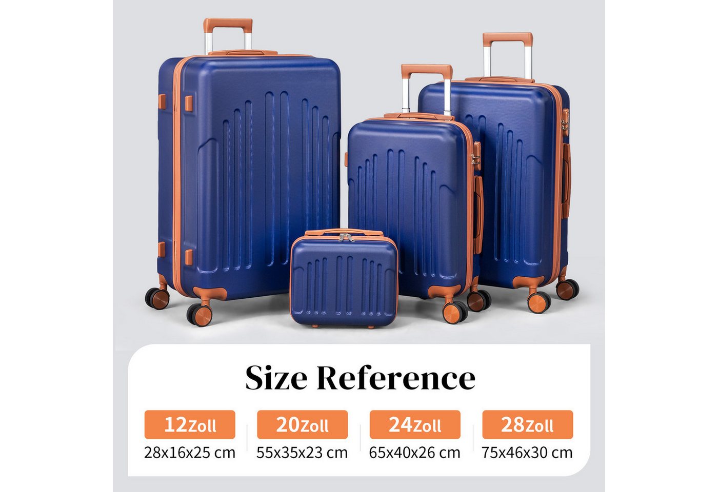 LALAHO Trolleyset 4tlg. Kofferset Hartschalenkoffer Trolley 360° Rollen, 4 Rollen, (4 tlg), Reisekoffer Set mit Handgepäck, Dunkelblau