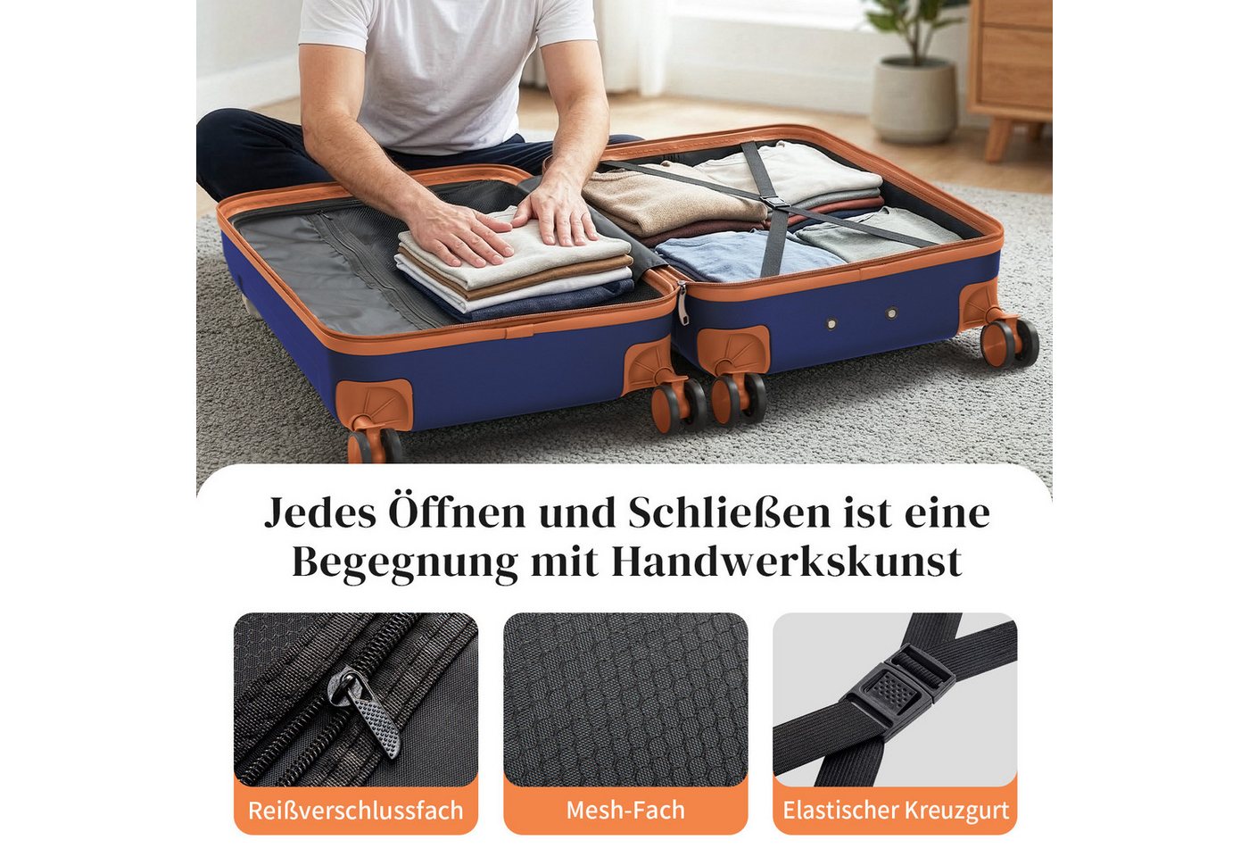 LALAHO Trolleyset 4tlg. Kofferset Hartschalenkoffer Trolley 360° Rollen, 4 Rollen, (4 tlg), Reisekoffer Set mit Handgepäck, Dunkelblau Bild 2