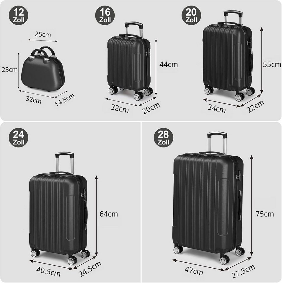 LALAHO Trolley Kofferset Hartschale Reisekoffer, 360° Rollen, 4 Rollen, 5er Set Handgepäck, Koffer, mit Kosmetikkoffer, Schwarz