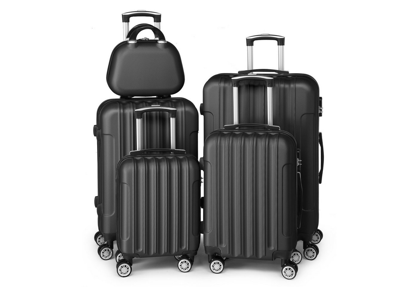 LALAHO Trolley Kofferset Hartschale Reisekoffer, 360° Rollen, 4 Rollen, 5er Set Handgepäck, Koffer, mit Kosmetikkoffer, Schwarz Bild 4