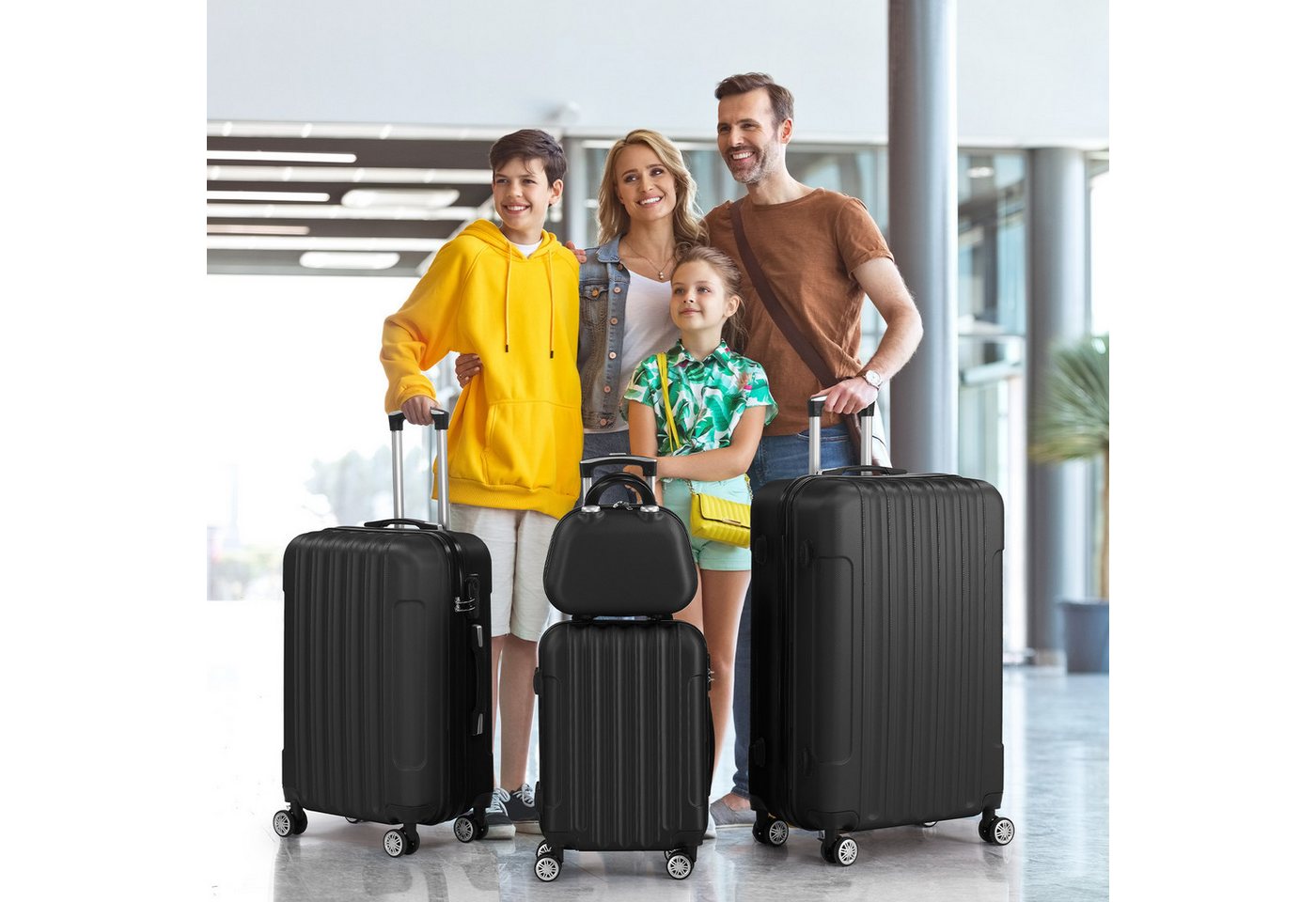 LALAHO Trolley Kofferset Hartschale Reisekoffer, 360° Rollen, 4 Rollen, 5er Set Handgepäck, Koffer, mit Kosmetikkoffer, Schwarz Bild 5