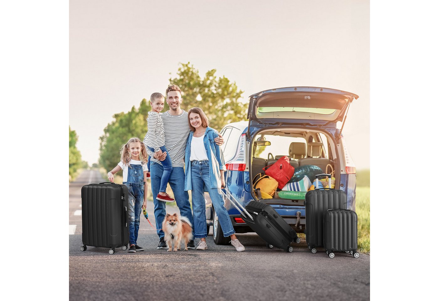 LALAHO Trolley Kofferset Hartschale Reisekoffer, 360° Rollen, 4 Rollen, 4er Set Handgepäck, moderner Koffer, Teleskopstange, Schwarz