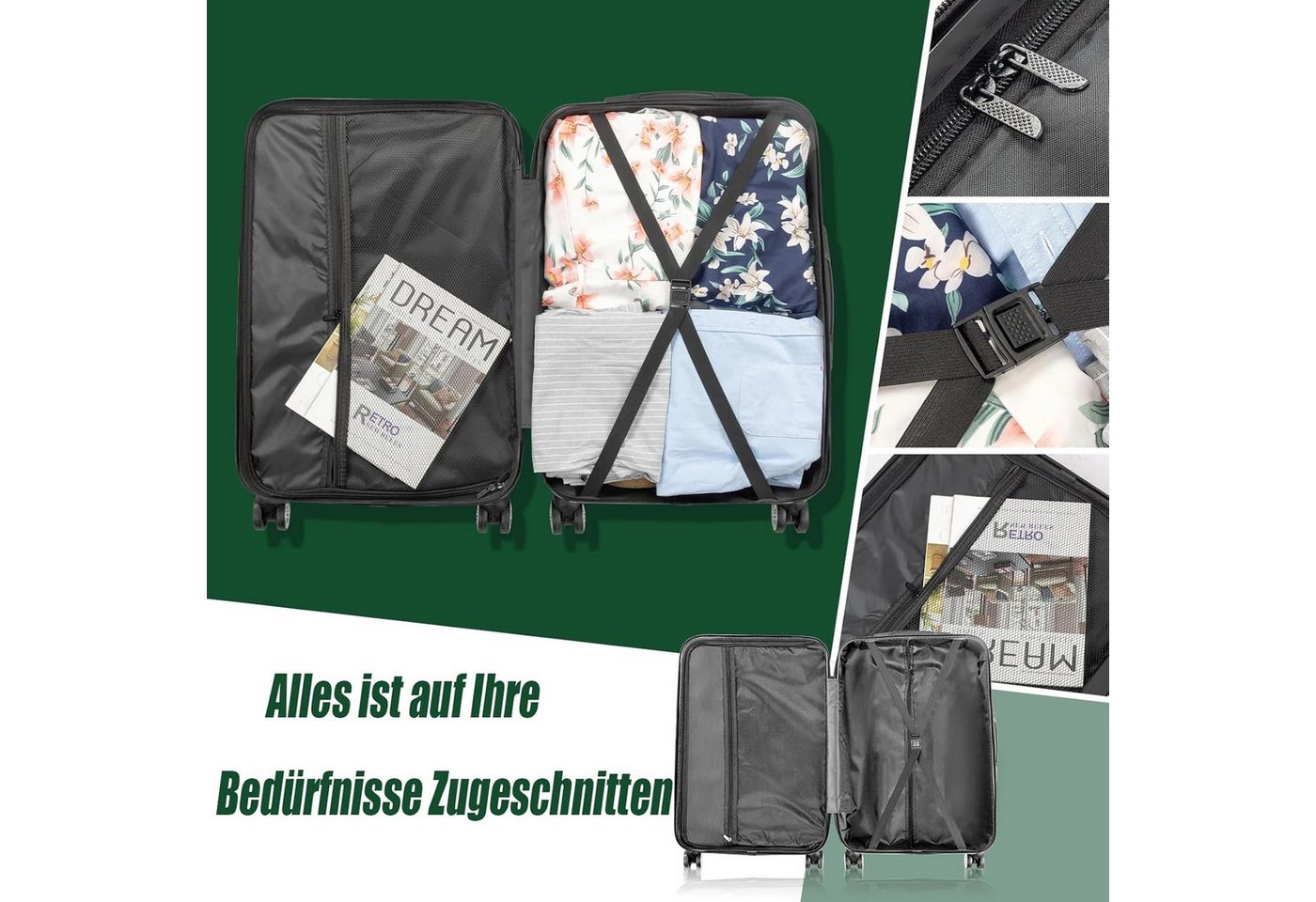 LALAHO Trolley Kofferset Hartschale Reisekoffer, 360° Rollen, 4 Rollen, 4er Set Handgepäck, moderner Koffer, Teleskopstange, Schwarz Bild 2