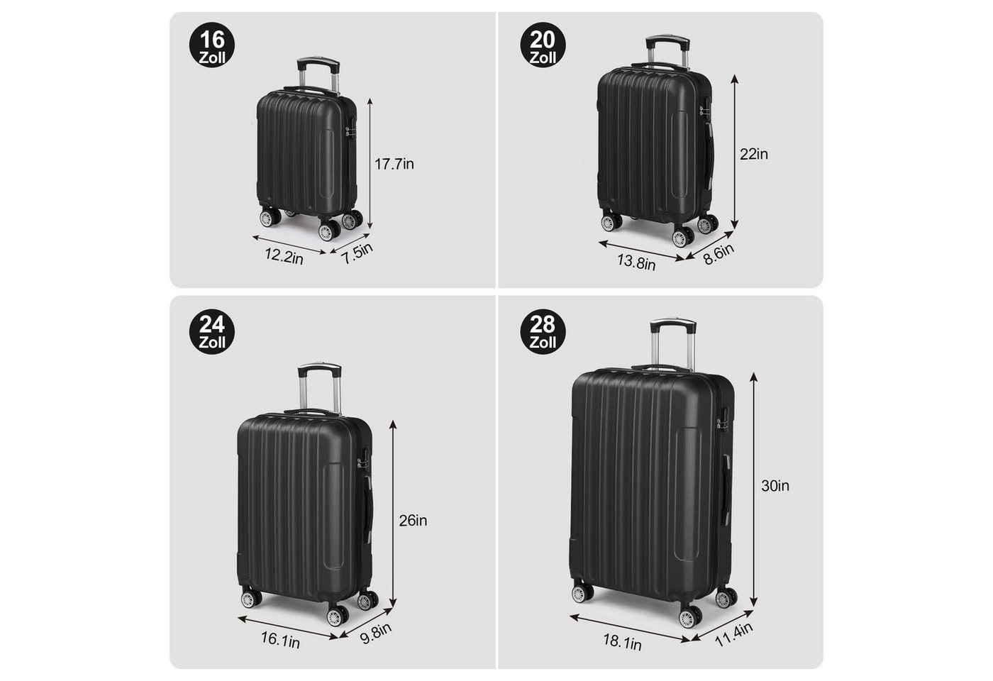 LALAHO Trolley Kofferset Hartschale Reisekoffer, 360° Rollen, 4 Rollen, 4er Set Handgepäck, moderner Koffer, Teleskopstange, Schwarz Bild 4