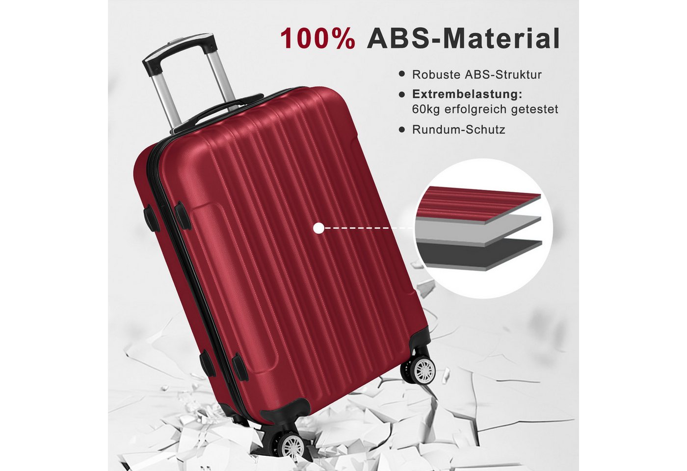 LALAHO Trolley Kofferset Hartschale Reisekoffer, 360° Rollen, 4 Rollen, 4er Set Handgepäck, moderner Koffer, Burgunderrot Bild 3