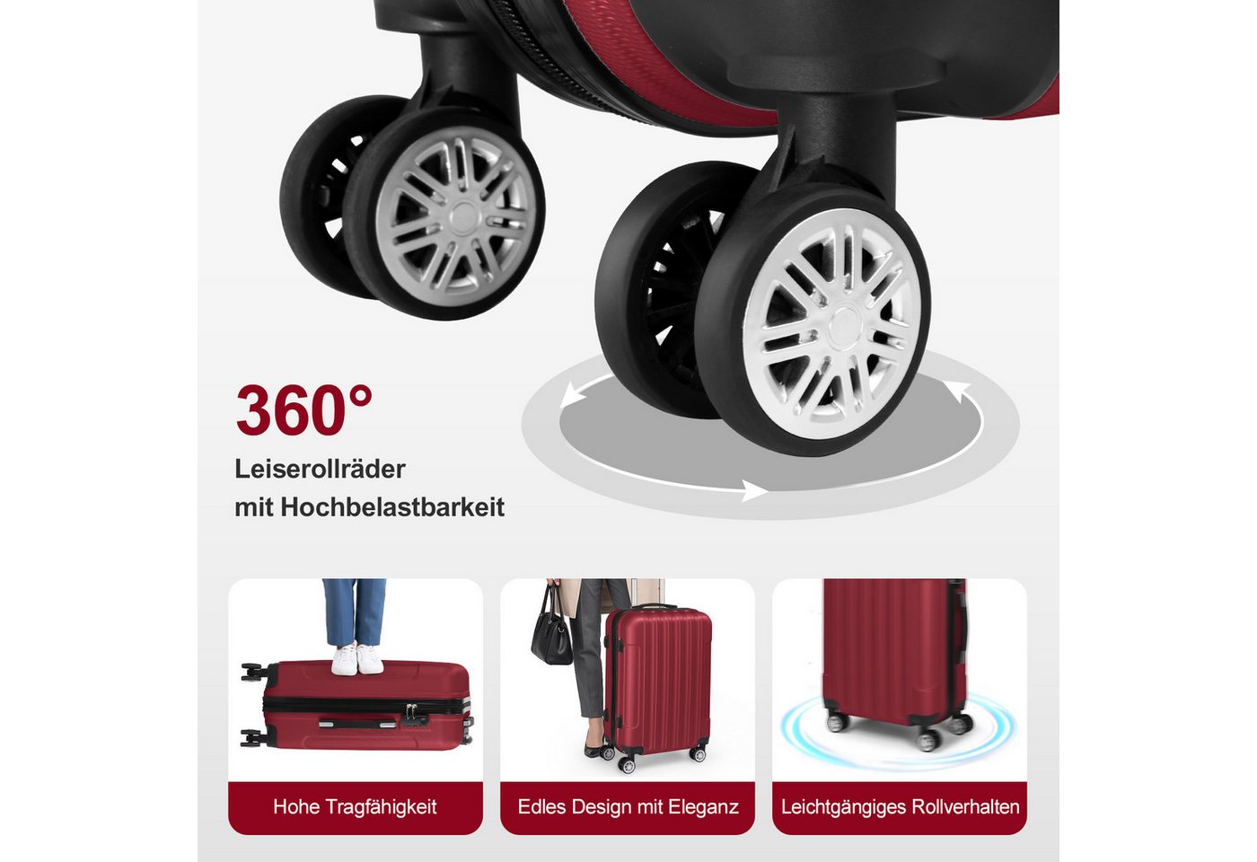 LALAHO Trolley Kofferset Hartschale Reisekoffer, 360° Rollen, 4 Rollen, 4er Set Handgepäck, moderner Koffer, Burgunderrot Bild 4