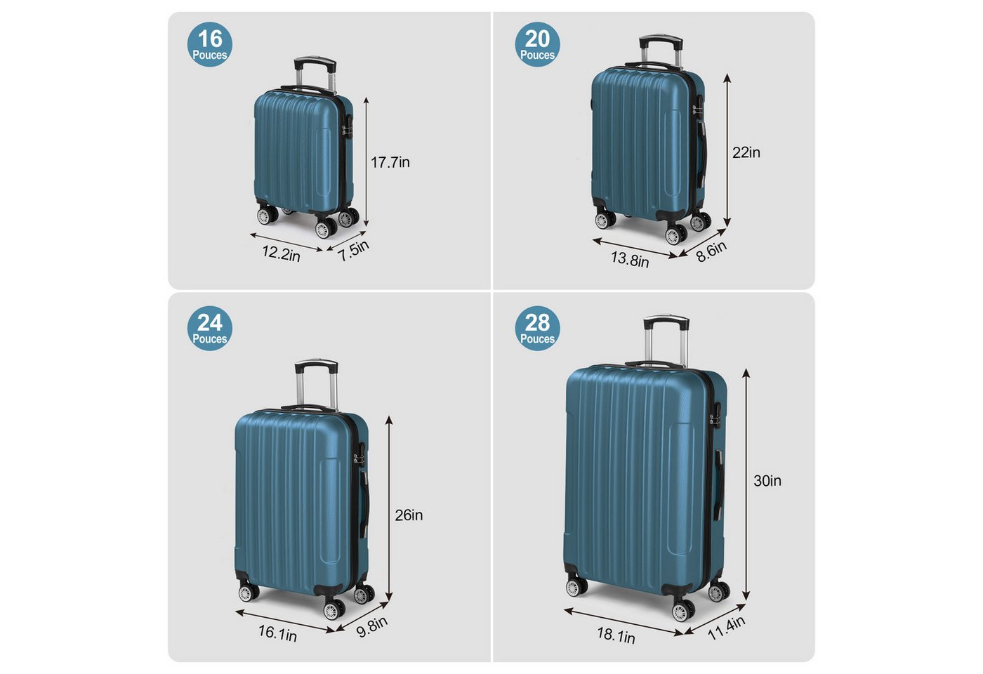 LALAHO Trolley Kofferset Hartschale Reisekoffer, 360° Rollen, 4 Rollen, 4er Set Handgepäck, moderner Koffer, Marineblau Bild 2
