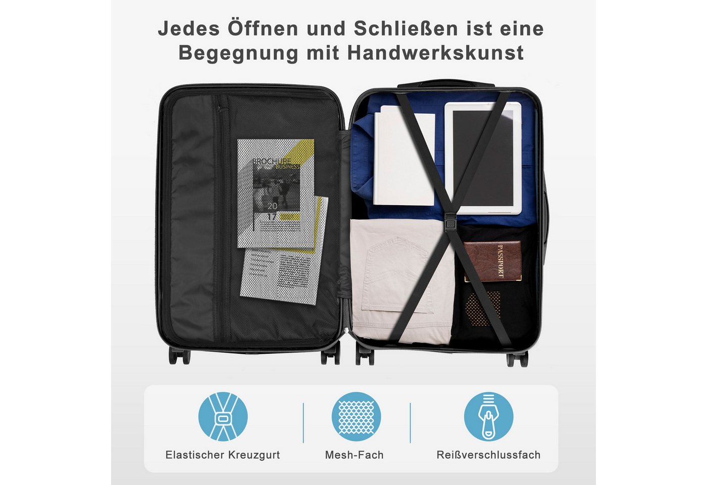 LALAHO Trolley Kofferset Hartschale Reisekoffer, 360° Rollen, 4 Rollen, 4er Set Handgepäck, moderner Koffer, Marineblau Bild 3