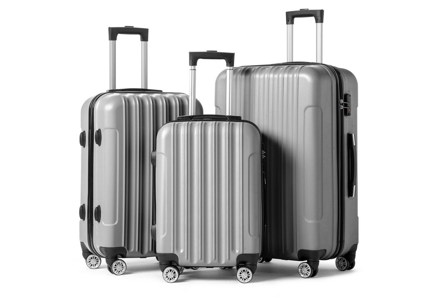 LALAHO Trolley Kofferset Hartschale Reisekoffer, 360° Rollen, 4 Rollen, 3er Set Handgepäck, moderner Koffer, Teleskopstange, Grau