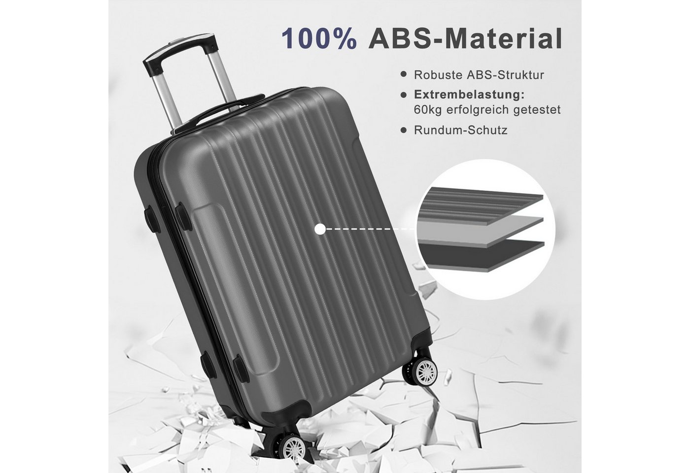 LALAHO Trolley Kofferset Hartschale Reisekoffer, 360° Rollen, 4 Rollen, 4er Set Handgepäck, moderner Koffer, Dunkelgrau