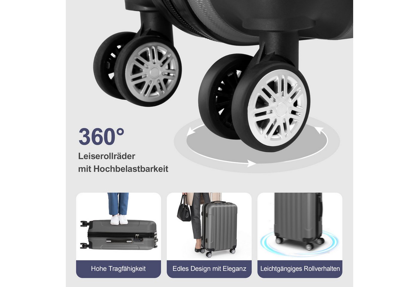 LALAHO Trolley Kofferset Hartschale Reisekoffer, 360° Rollen, 4 Rollen, 4er Set Handgepäck, moderner Koffer, Dunkelgrau Bild 3