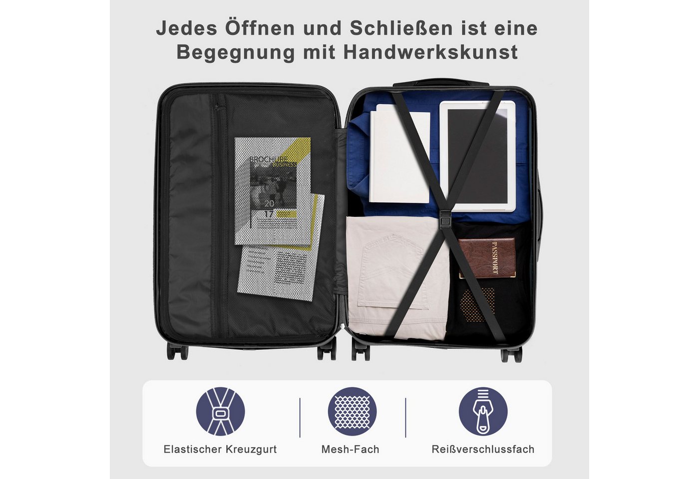 LALAHO Trolley Kofferset Hartschale Reisekoffer, 360° Rollen, 4 Rollen, 4er Set Handgepäck, moderner Koffer, Dunkelgrau Bild 4