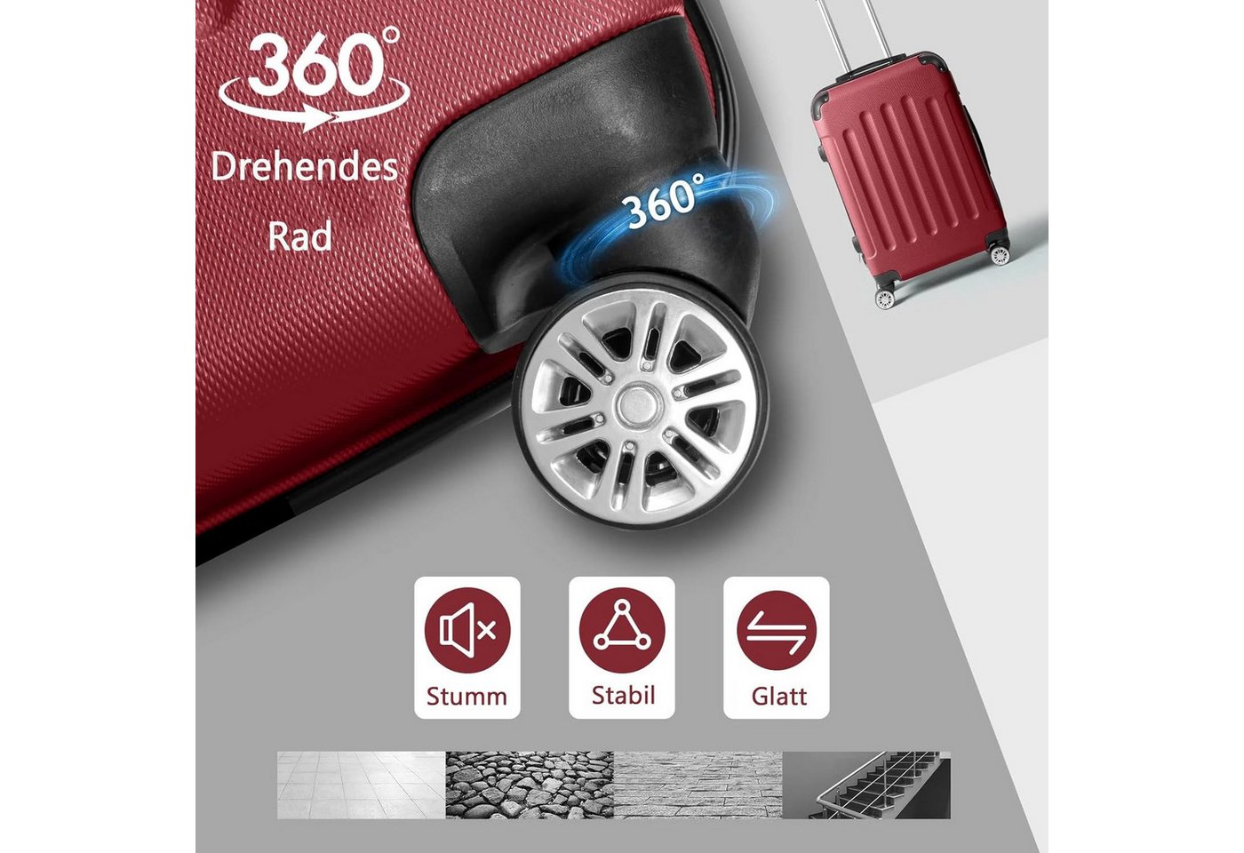 LALAHO Trolleyset Reisekoffer Set Hartschalenkoffer Trolley mit 360° Rollen, 4 Rollen, (3 tlg), Koffer Set aus ABS mit Teleskopstange, Handgepäck, Burgunderrot Bild 3
