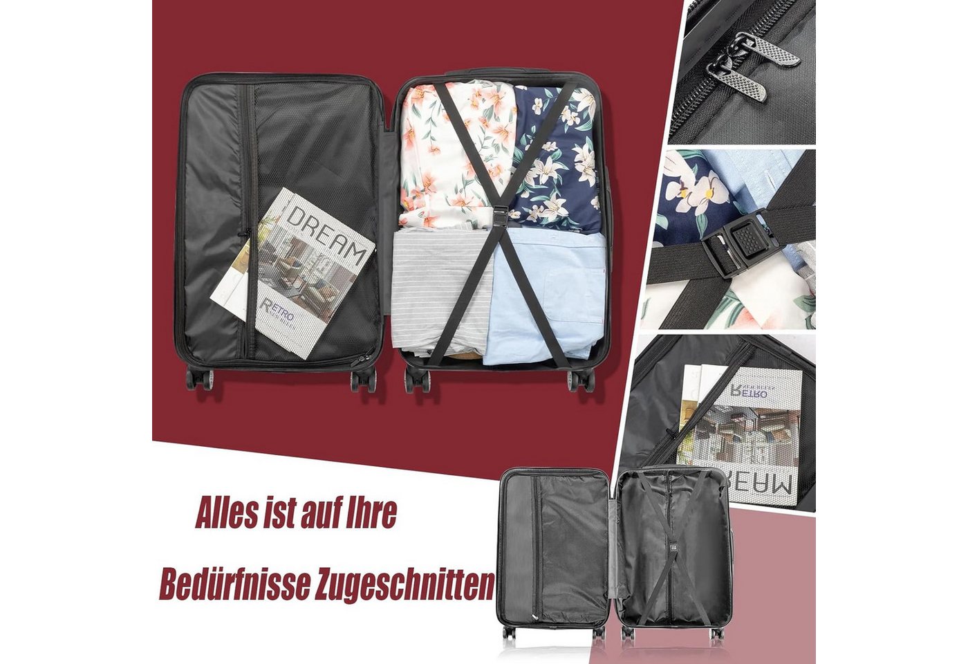 LALAHO Trolleyset Reisekoffer Set Hartschalenkoffer Trolley mit 360° Rollen, 4 Rollen, (3 tlg), Koffer Set aus ABS mit Teleskopstange, Handgepäck, Burgunderrot Bild 4
