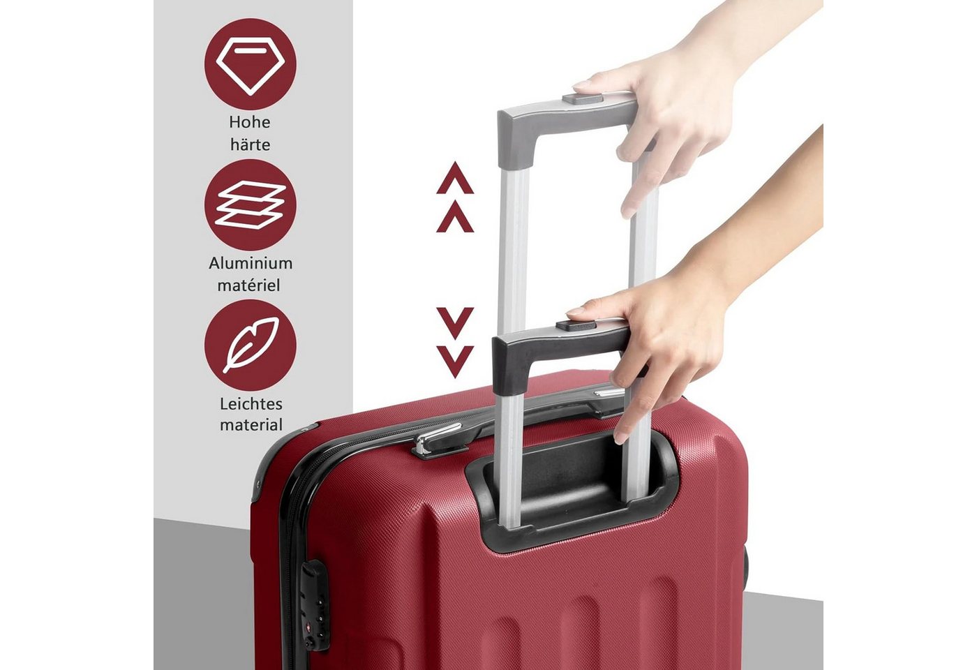 LALAHO Trolleyset Reisekoffer Set Hartschalenkoffer Trolley mit 360° Rollen, 4 Rollen, (3 tlg), Koffer Set aus ABS mit Teleskopstange, Handgepäck, Burgunderrot Bild 5