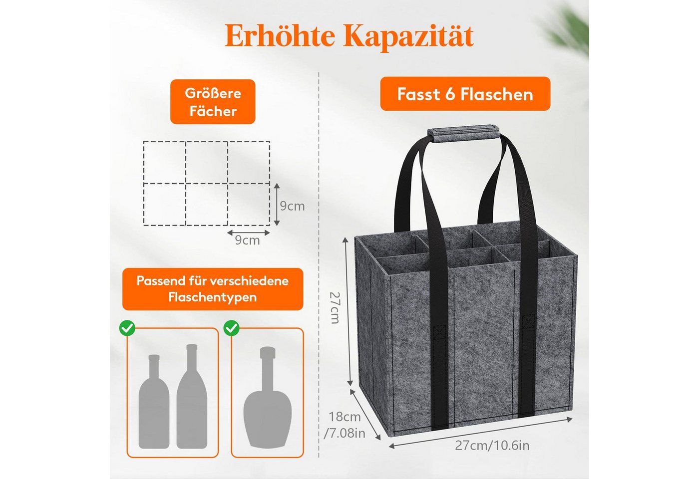 Kityhome Flaschenkorb Flaschentasche 2er Set mit 12 Fächer,klappbar,Filz Tragetasche, 2er Set,Filzmaterial,Faltbar,Platzsparend,Für Wein, Sekt & Wasser Bild 4