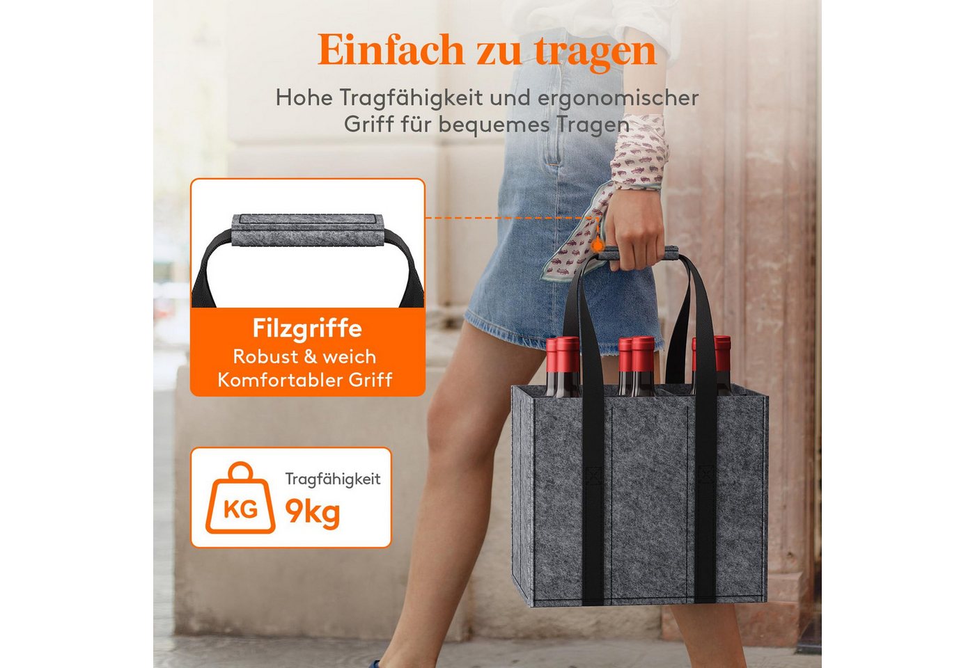 Kityhome Flaschenkorb Flaschentasche 2er Set mit 12 Fächer,klappbar,Filz Tragetasche, 2er Set,Filzmaterial,Faltbar,Platzsparend,Für Wein, Sekt & Wasser Bild 5