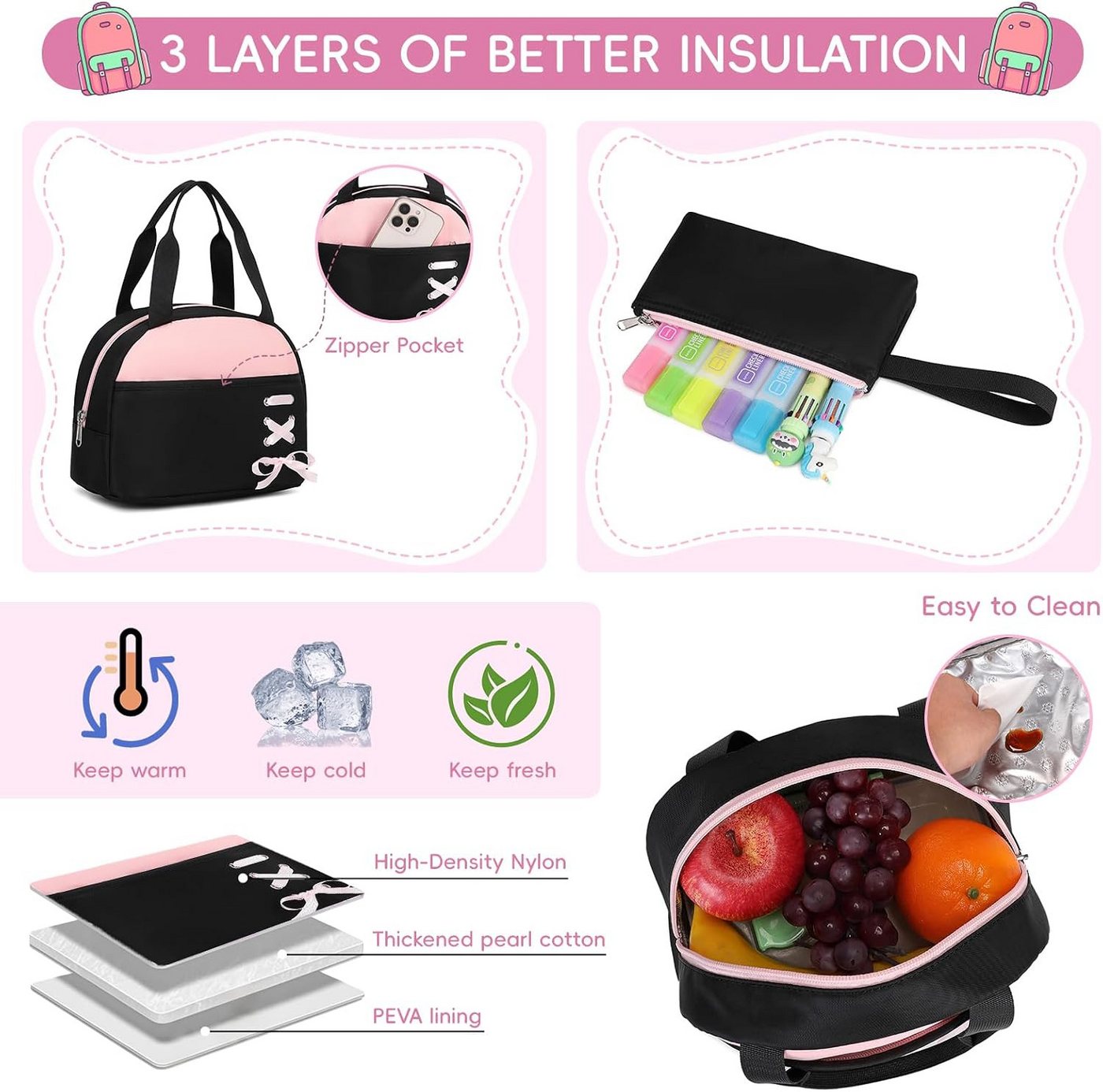 MOPUEA Schulrucksack Schulrucksack Mädchen Teenager Daypack 3. bis 7. Klasse Schule (Schulrucksack-Set mit Lunchbox Federmäppchen für Mädchen Teenager, 3-tlg., Mit Lunchbox Federmäppchen Großem Hauptfach Seitenfächern Rückenfach), Wasserabweisend Leicht Ergonomisch Großes Fassungsvermögen Robust
