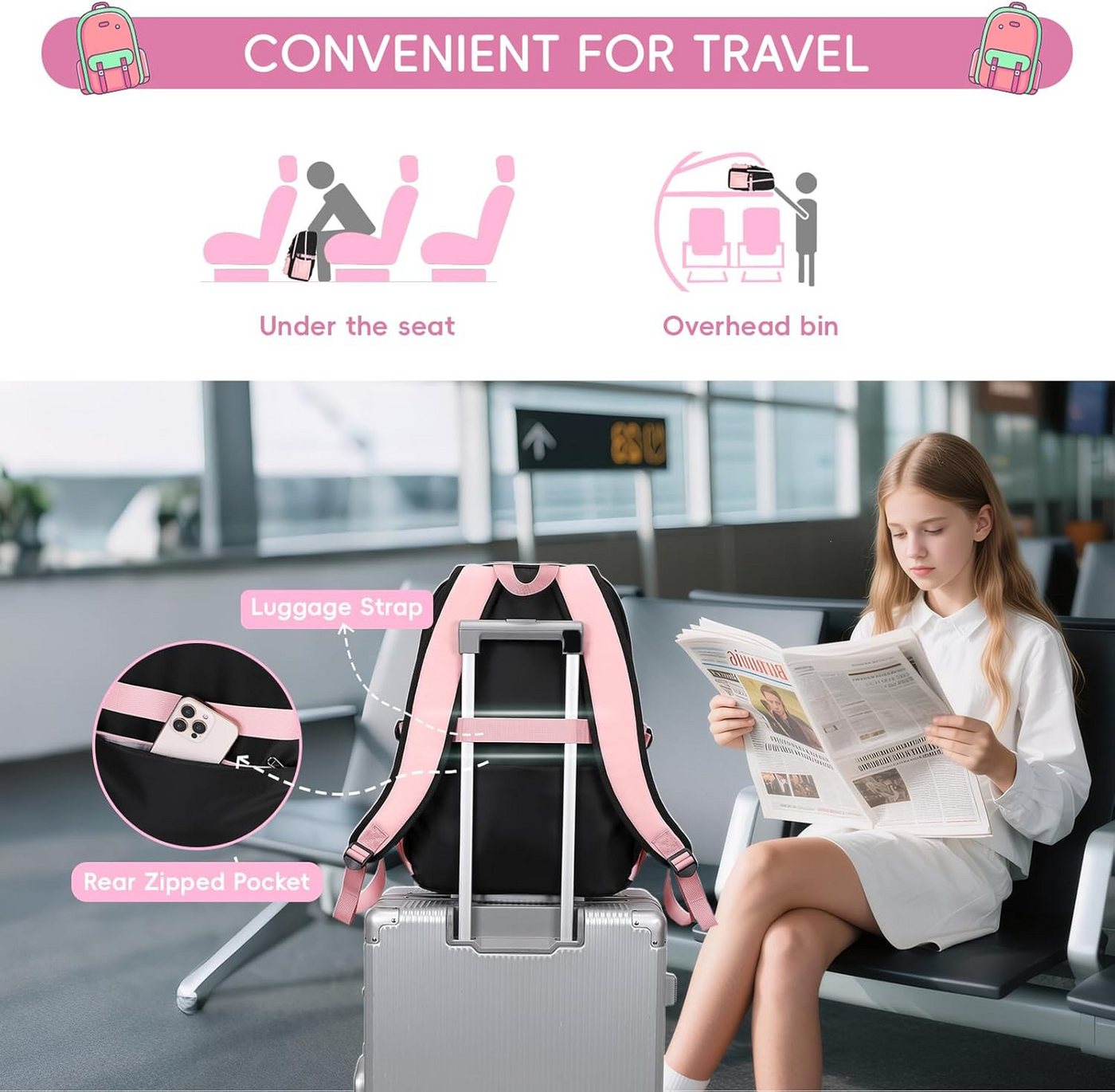 MOPUEA Schulrucksack Schulrucksack Mädchen Teenager Daypack 3. bis 7. Klasse Schule (Schulrucksack-Set mit Lunchbox Federmäppchen für Mädchen Teenager, 3-tlg., Mit Lunchbox Federmäppchen Großem Hauptfach Seitenfächern Rückenfach), Wasserabweisend Leicht Ergonomisch Großes Fassungsvermögen Robust Bild 2