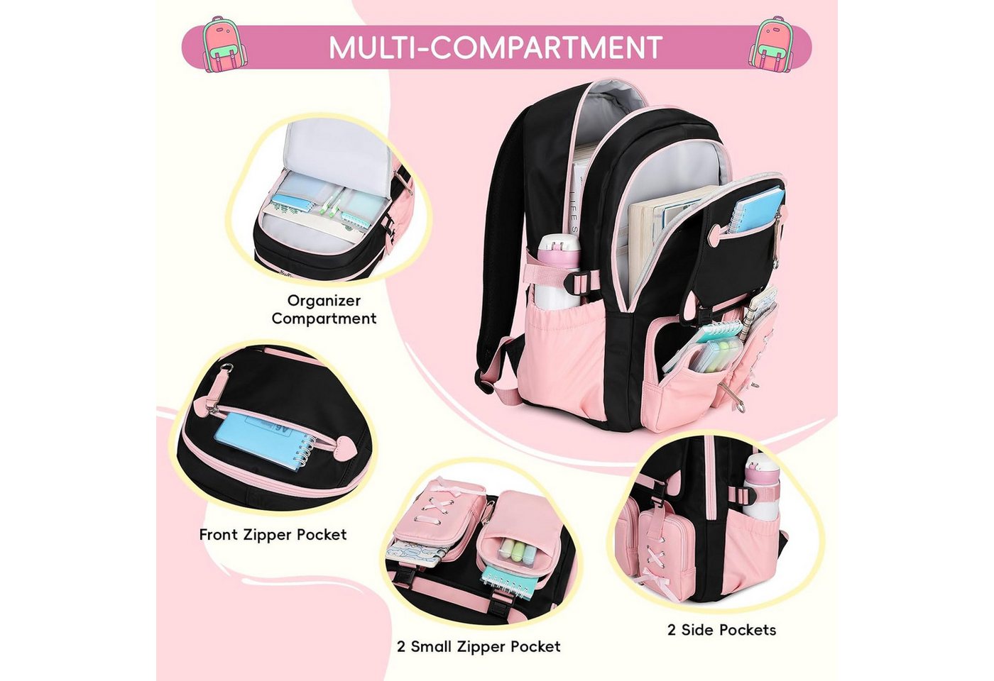 MOPUEA Schulrucksack Schulrucksack Mädchen Teenager Daypack 3. bis 7. Klasse Schule (Schulrucksack-Set mit Lunchbox Federmäppchen für Mädchen Teenager, 3-tlg., Mit Lunchbox Federmäppchen Großem Hauptfach Seitenfächern Rückenfach), Wasserabweisend Leicht Ergonomisch Großes Fassungsvermögen Robust Bild 3