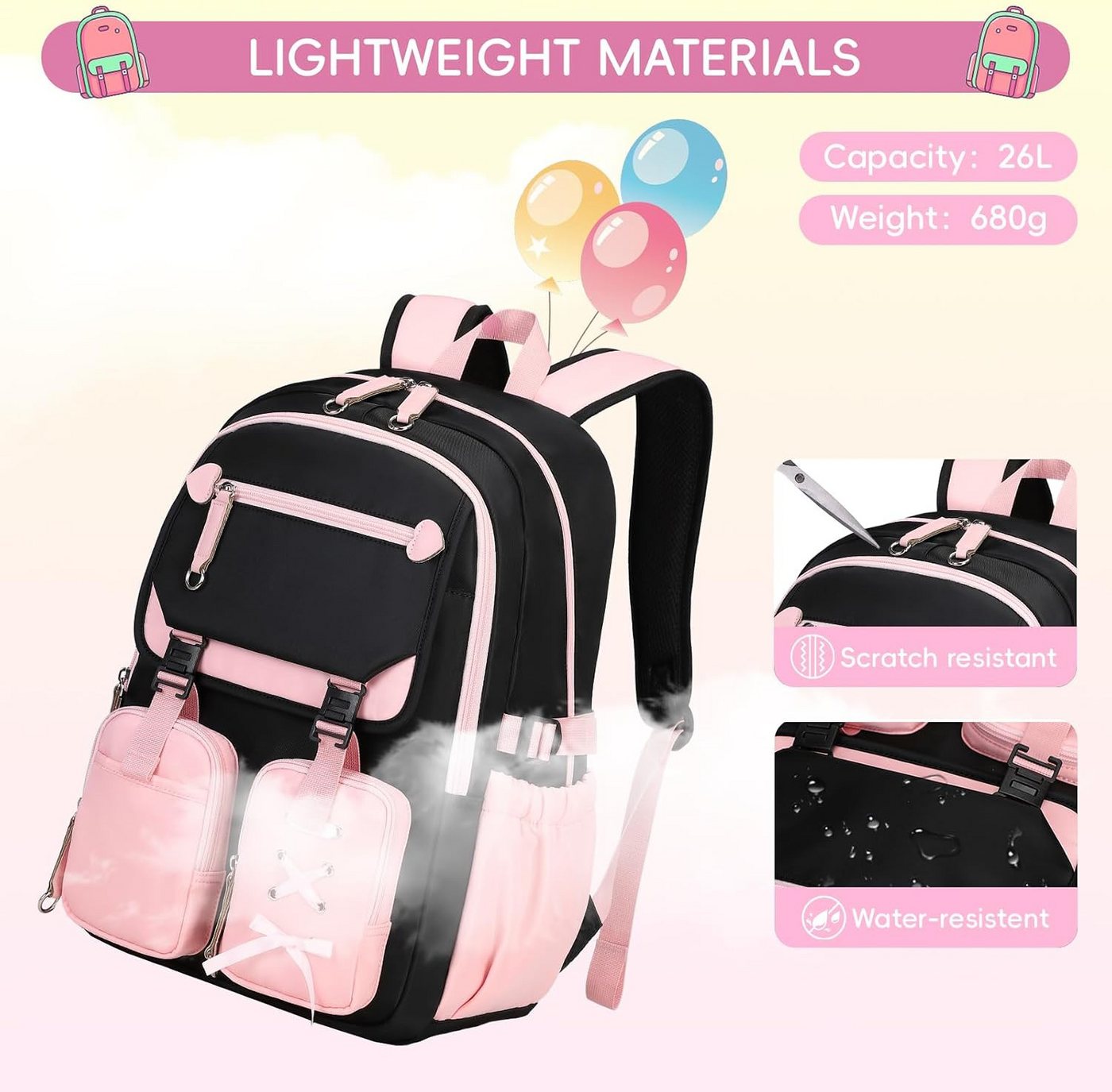 MOPUEA Schulrucksack Schulrucksack Mädchen Teenager Daypack 3. bis 7. Klasse Schule (Schulrucksack-Set mit Lunchbox Federmäppchen für Mädchen Teenager, 3-tlg., Mit Lunchbox Federmäppchen Großem Hauptfach Seitenfächern Rückenfach), Wasserabweisend Leicht Ergonomisch Großes Fassungsvermögen Robust Bild 4