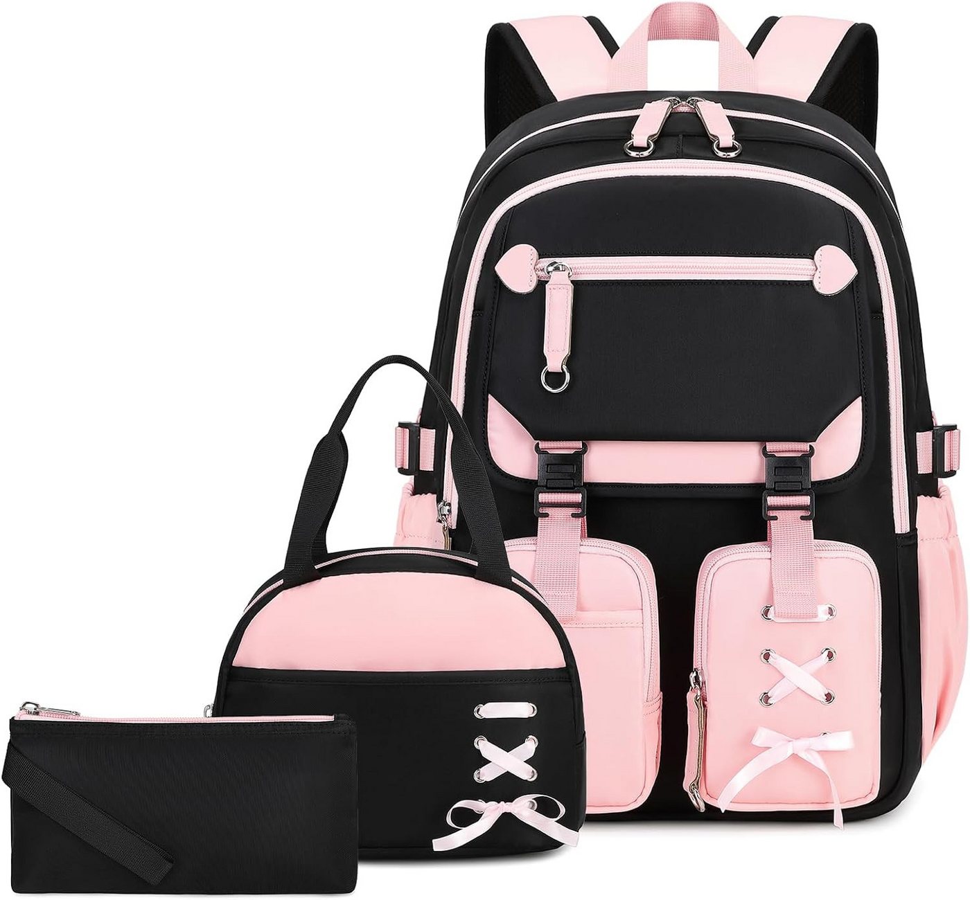 MOPUEA Schulrucksack Schulrucksack Mädchen Teenager Daypack 3. bis 7. Klasse Schule (Schulrucksack-Set mit Lunchbox Federmäppchen für Mädchen Teenager, 3-tlg., Mit Lunchbox Federmäppchen Großem Hauptfach Seitenfächern Rückenfach), Wasserabweisend Leicht Ergonomisch Großes Fassungsvermögen Robust Bild 5