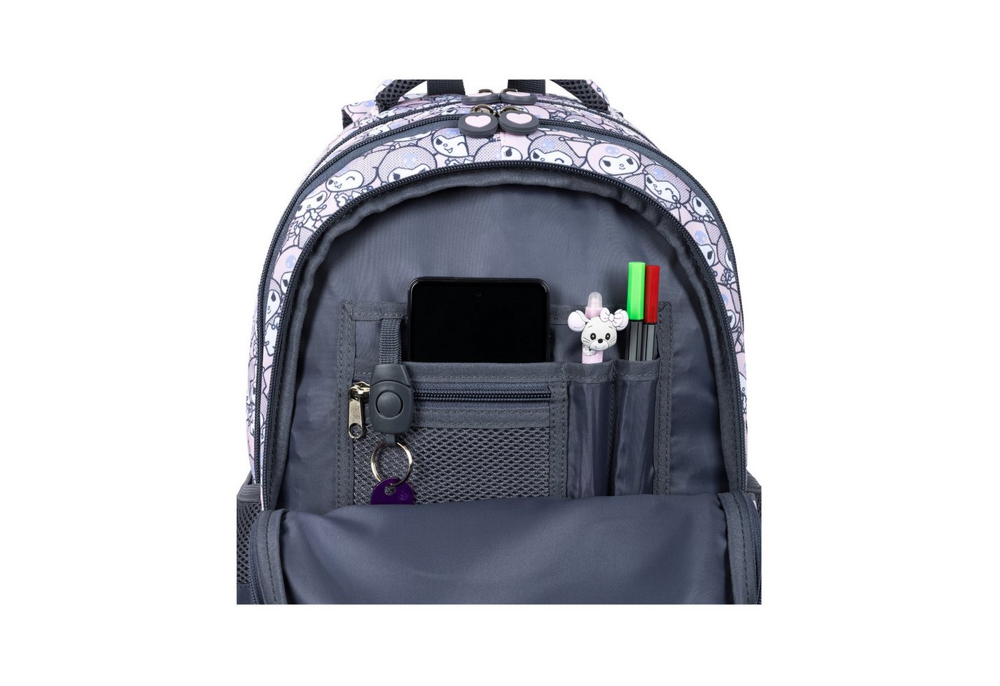 GOLDKIDS Schulranzen für Jungen und Mädchen, 4er-Set - (Schul-Rucksack für Kinder mit Federmäppchen -, Schuhbeutel und Regenschutz), - Kuromi Motiv Bild 3