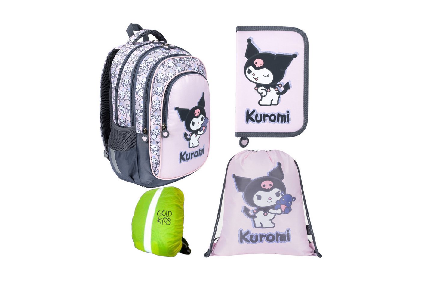 GOLDKIDS Schulranzen für Jungen und Mädchen, 4er-Set - (Schul-Rucksack für Kinder mit Federmäppchen -, Schuhbeutel und Regenschutz), - Kuromi Motiv Bild 5