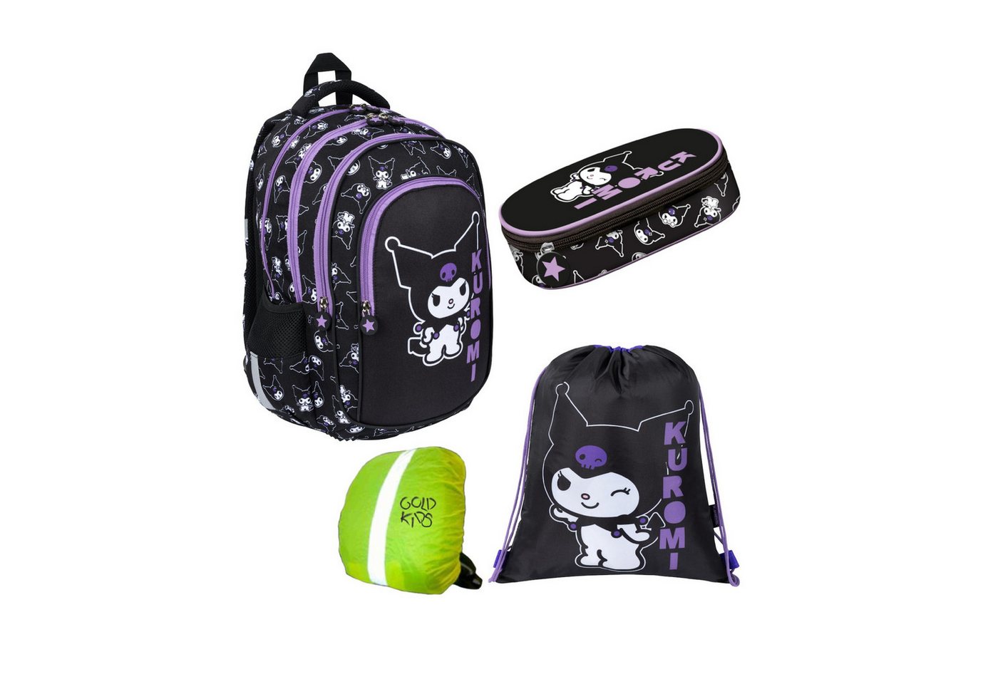 GOLDKIDS Schulranzen für Jungen und Mädchen, 4er-Set - (Schul-Rucksack für Kinder mit Schlampermäppchen-, Schuhbeutel und Regenschutz), - Kuromi Motiv Bild 3