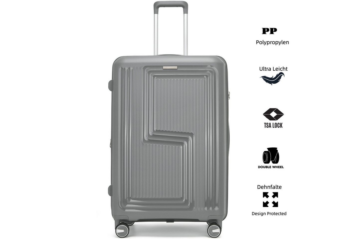 Super Solu Hartschalen-Trolley Koffer Reisekoffer PP-Polypropylen, Erweiterbarer Hartschalenkoffer, 4 Rollen, 20 Zoll Handgepäck, Grau, leicht & robust, TSA-Zahlenschloss
