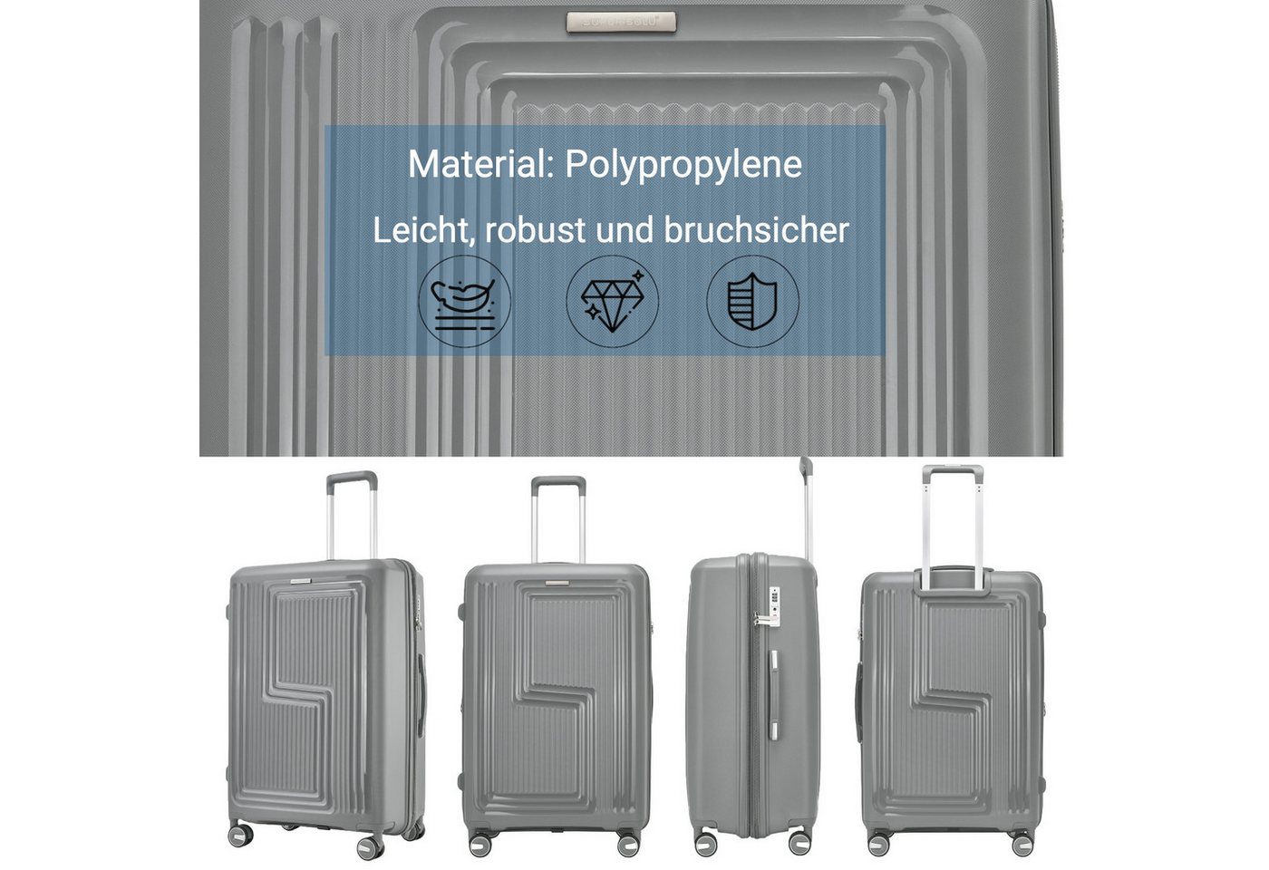 Super Solu Hartschalen-Trolley Koffer Reisekoffer PP-Polypropylen, Erweiterbarer Hartschalenkoffer, 4 Rollen, 20 Zoll Handgepäck, Grau, leicht & robust, TSA-Zahlenschloss Bild 5