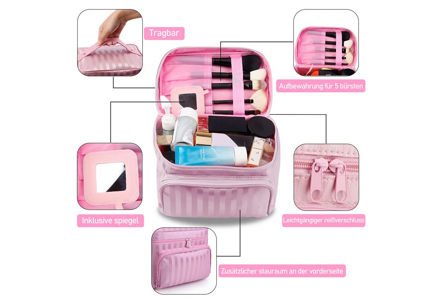 HUGERSTONE Kulturbeutel Kosmetiktasche Wasserdicht, Kulturtasche Damen mit Reißverschlussfach (1 Set, Großes Tragbare Schminktasche Damen), Waschtasche mit Stecktaschen und Spiegel Innen für Reisen Organisation Bild 5