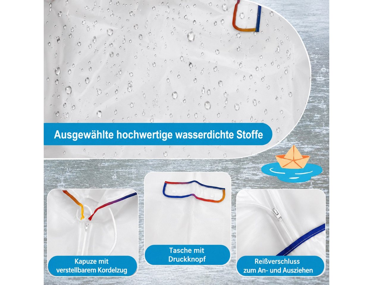 MOPUEA Regenmantel Transparenter Damen-Regenponcho, transparenter Poncho (für Camping Wandern Draussen und Täglicher Gebrauch, 1-tlg., Regenmantel für Erwachsene, regencape damen) mit Kordelzug Kapuze EVA Wiederverwendbarer Tragbarer Regencape
