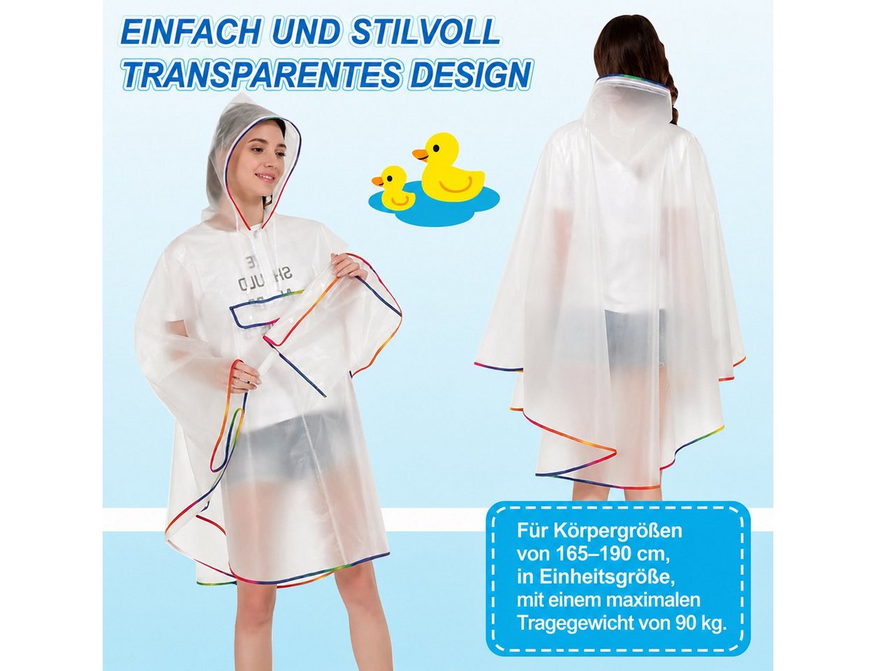 MOPUEA Regenmantel Transparenter Damen-Regenponcho, transparenter Poncho (für Camping Wandern Draussen und Täglicher Gebrauch, 1-tlg., Regenmantel für Erwachsene, regencape damen) mit Kordelzug Kapuze EVA Wiederverwendbarer Tragbarer Regencape Bild 4