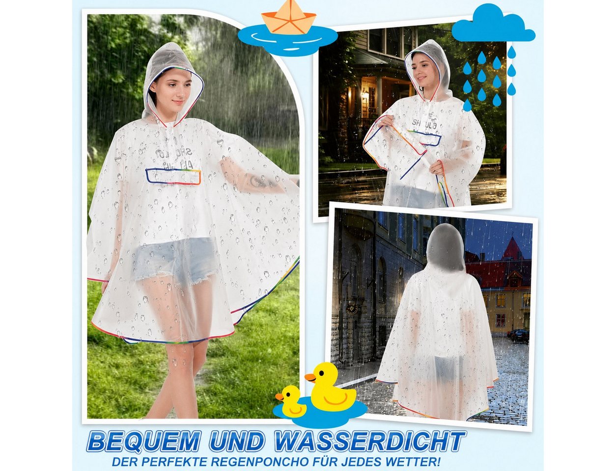 MOPUEA Regenmantel Transparenter Damen-Regenponcho, transparenter Poncho (für Camping Wandern Draussen und Täglicher Gebrauch, 1-tlg., Regenmantel für Erwachsene, regencape damen) mit Kordelzug Kapuze EVA Wiederverwendbarer Tragbarer Regencape Bild 5